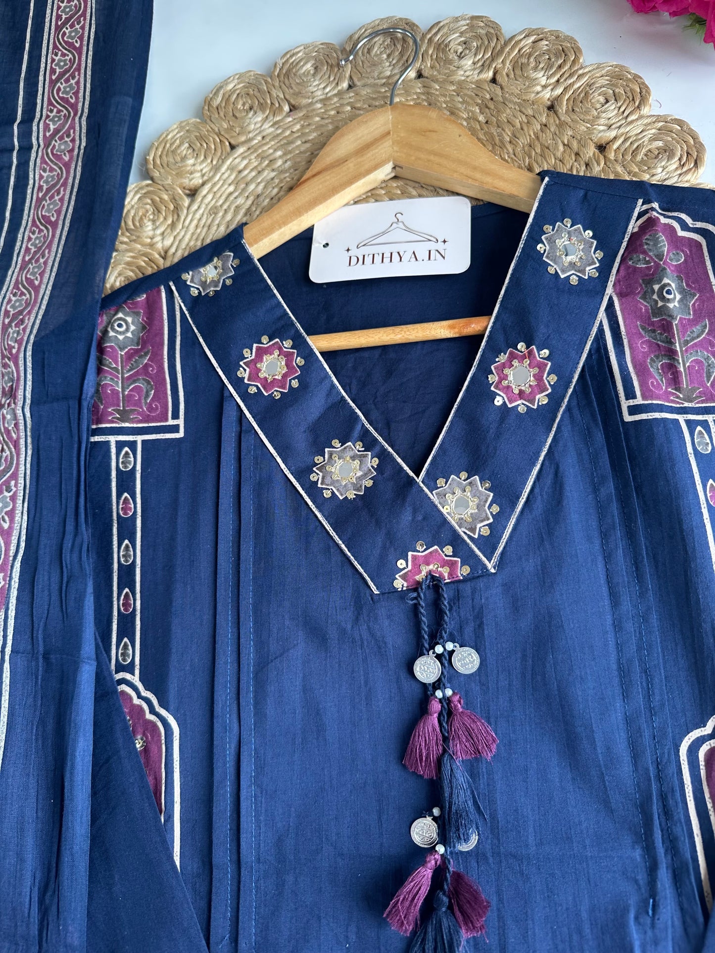 K716 - Mul cotton embroidered Aline Kurti with pants and dupatta
