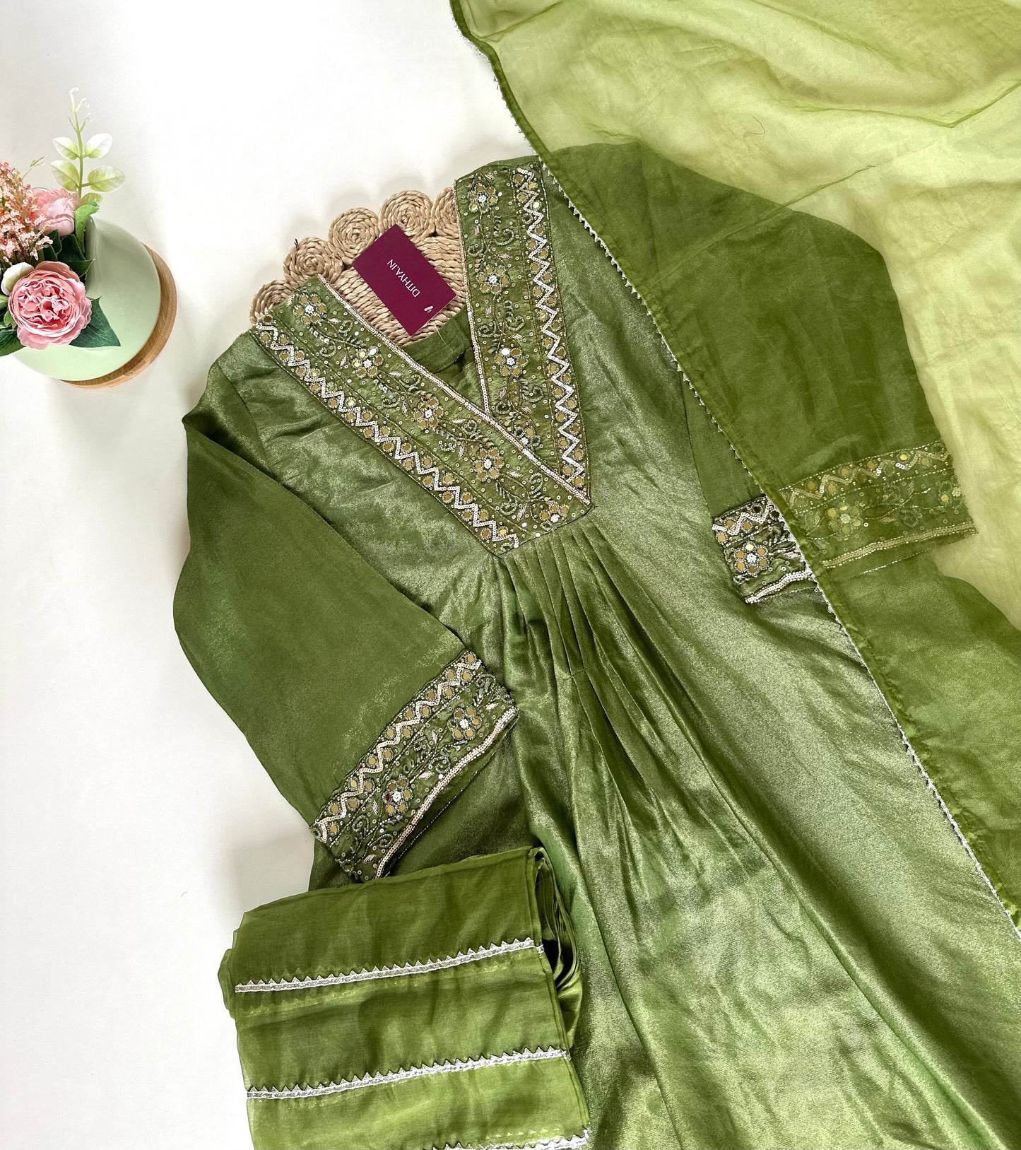 K112 - Shimmer Tissue silk Aline Anarkali with pants and organza dupatta .