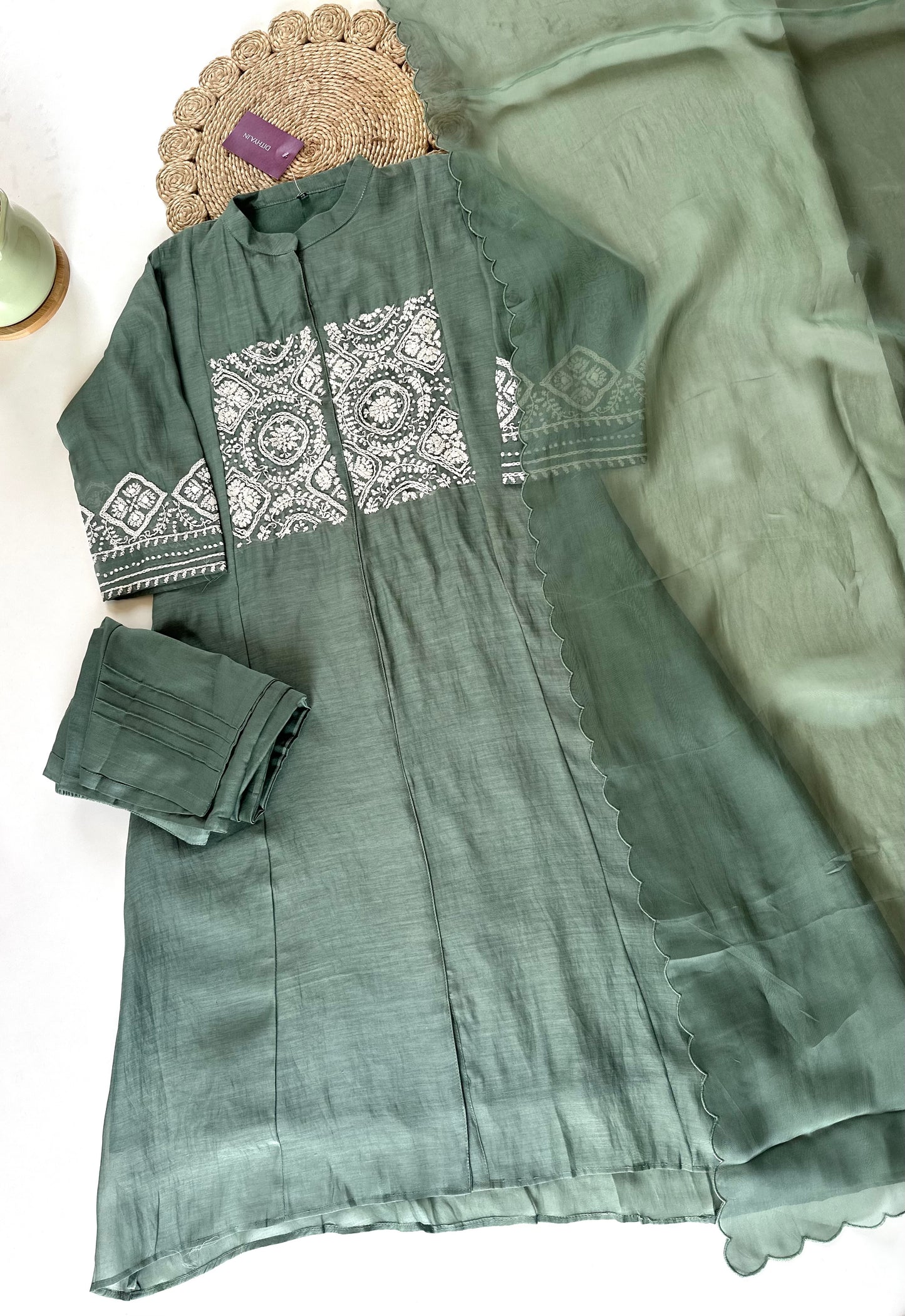 K307 - Mul Chanderi Aline Kurti with pants and dupatta .