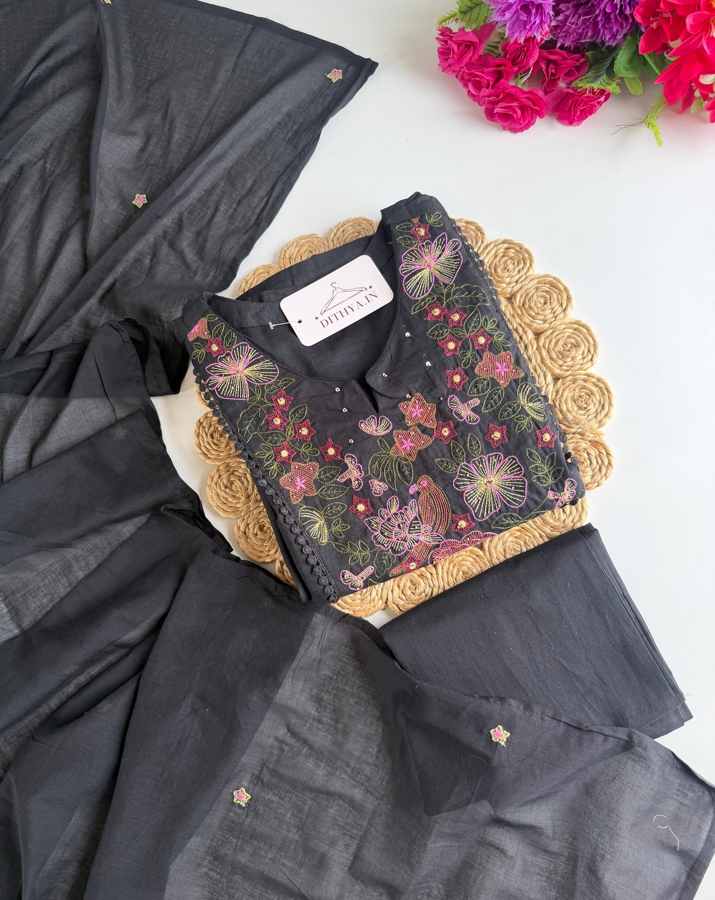 K506 - Mul cotton embroidered Anarkali with pants and dupatta