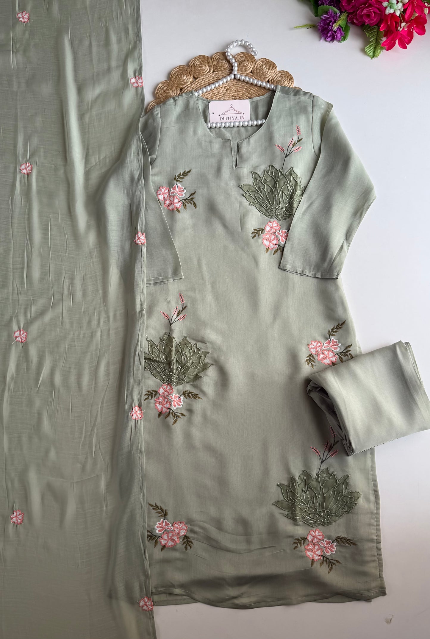 K592 - Surat Mul chanderi handwork straight Kurti with pants and dupatta