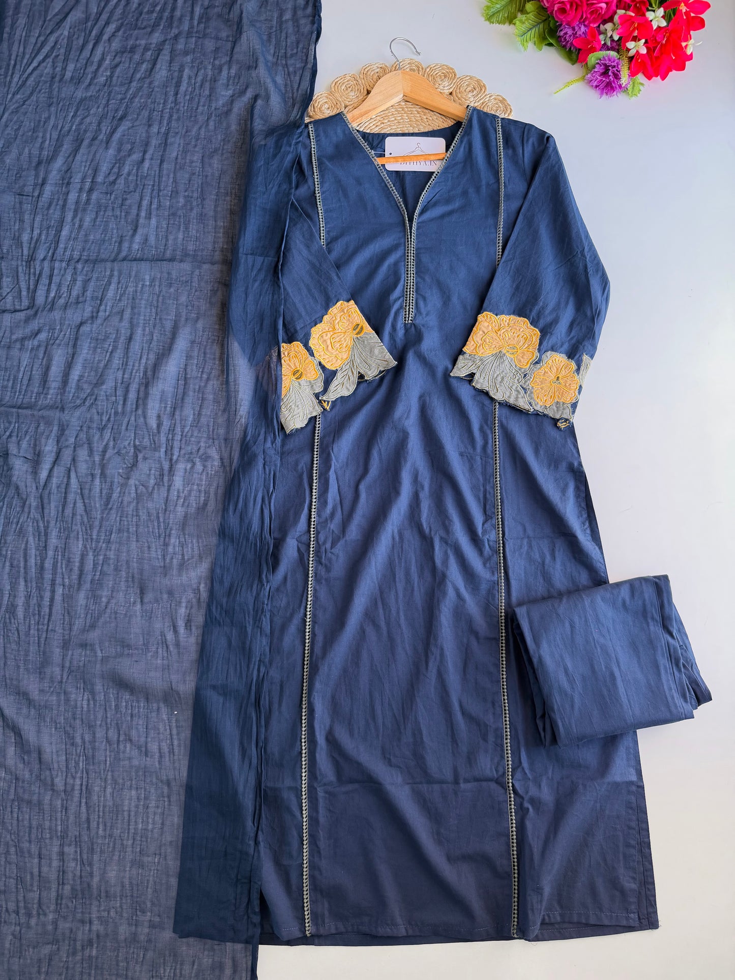 K252 - Mul cotton embroidered Aline Kurti with pants and dupatta