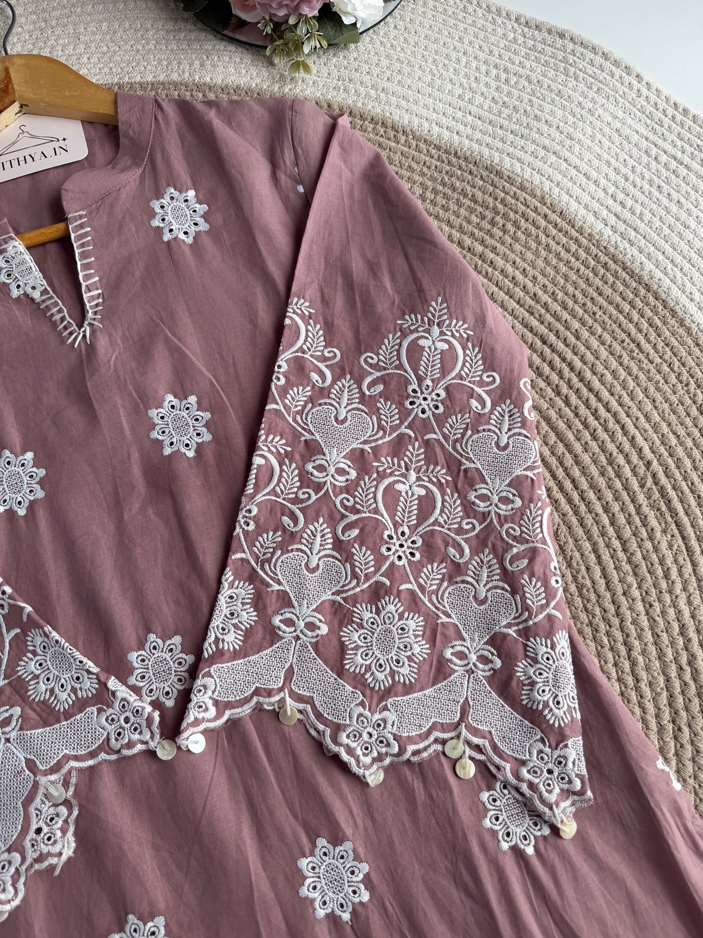 K718 - Cotton embroidered Aline Kurti with pants in 3 colours
