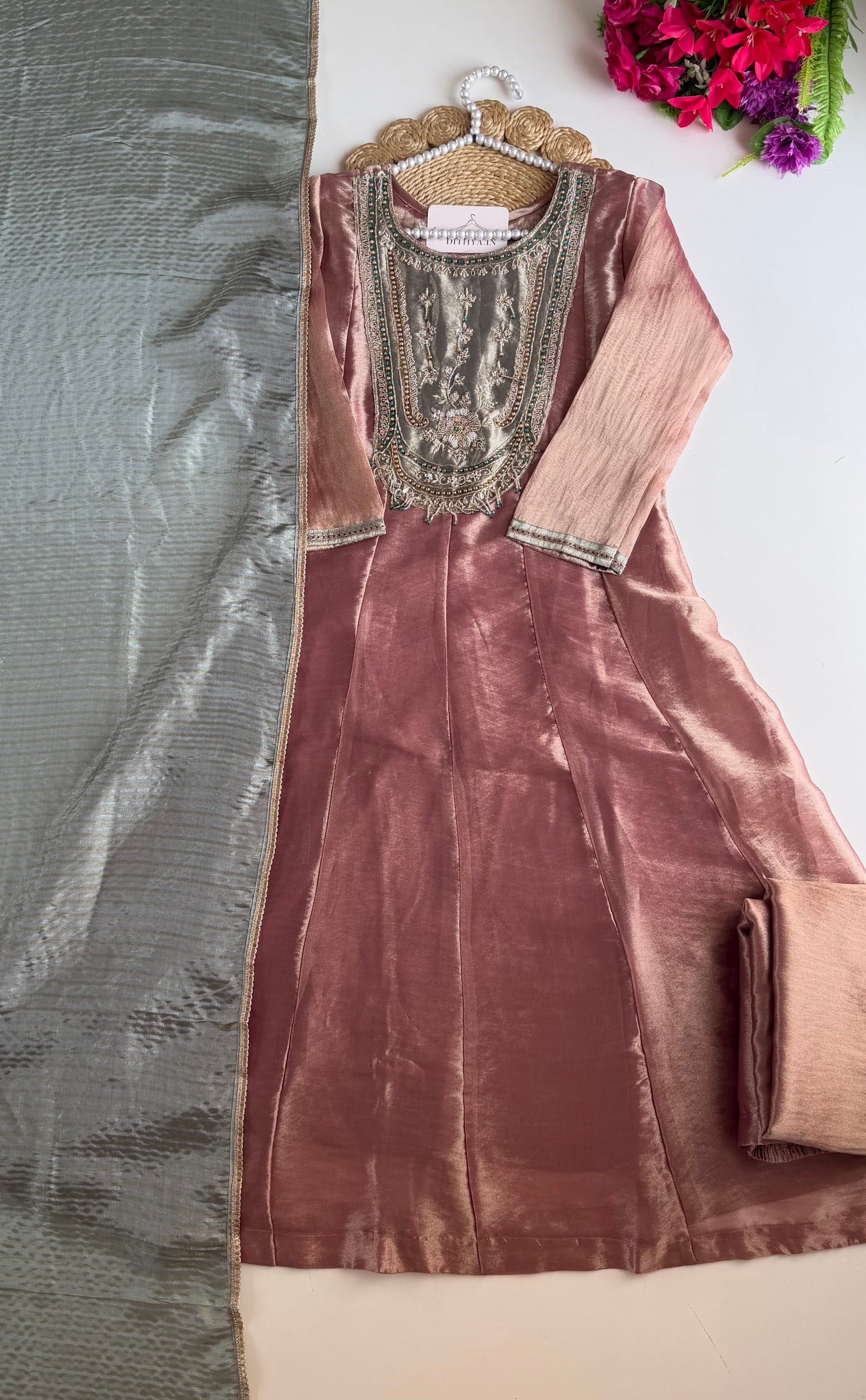 K470 - Tissue silk handwork Anarkali with pants and dupatta
