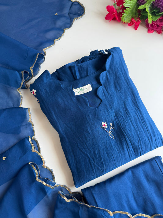 K469 - Mul chanderi handwork Aline Kurti with pants and dupatta in 2 colours