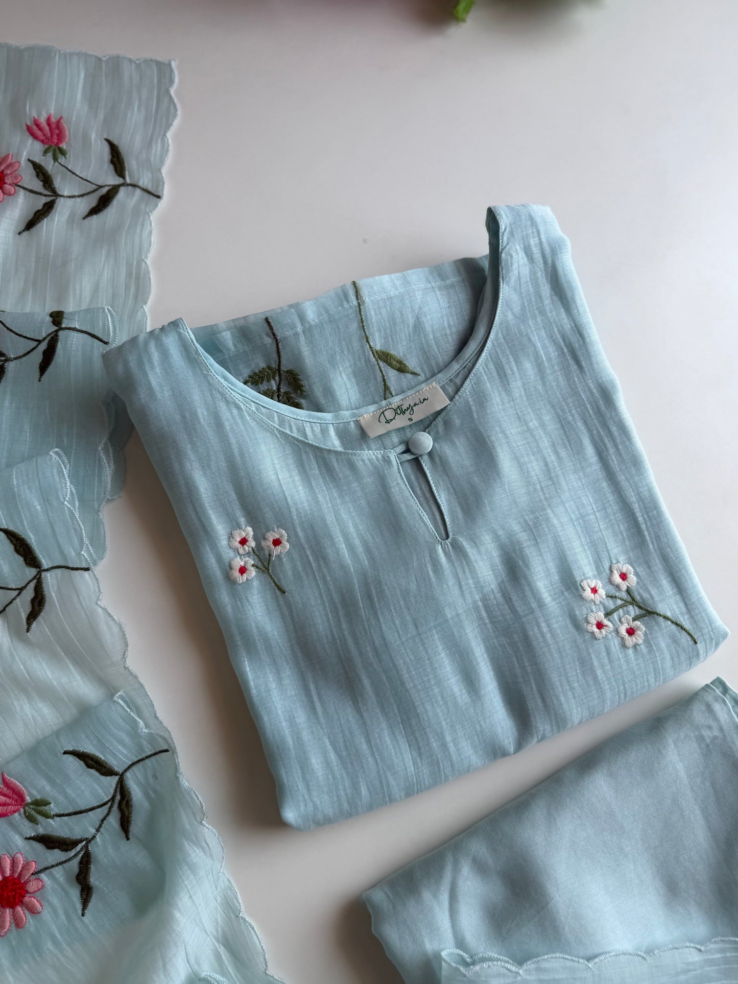 Mul Chanderi embroidered straight Kurti with pants and dupatta