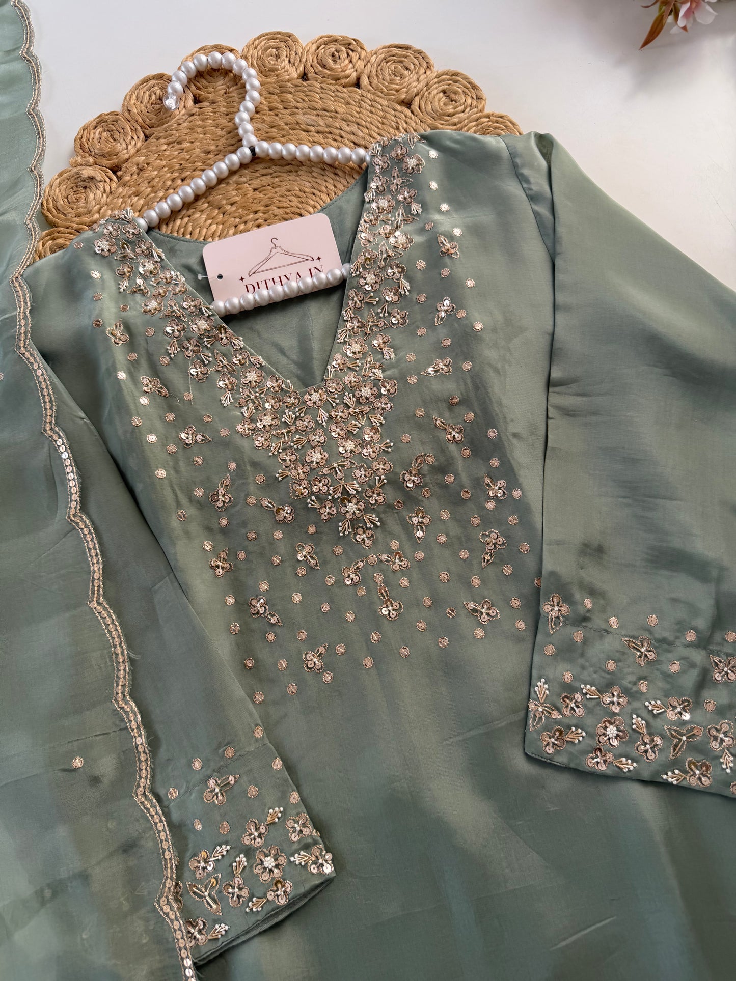 K082 - Ho silk Handwork straight Kurti with pants and dupatta