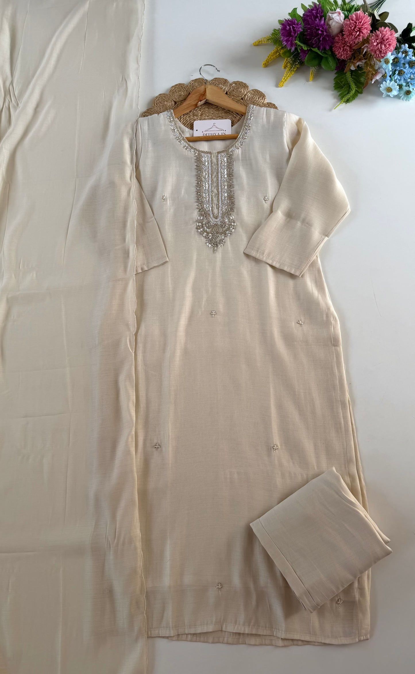 K587 - Roman silk handwork straight Kurti with pants and dupatta