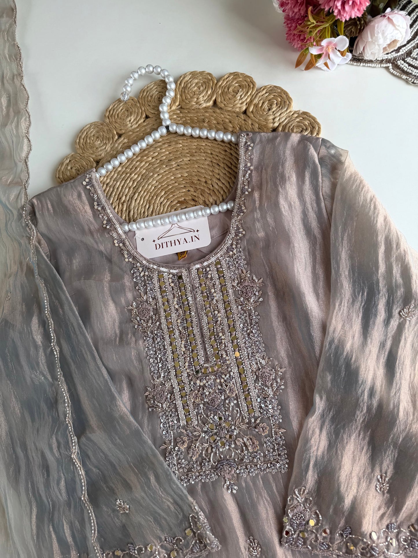 K437 - Glass tissue silk handwork aline Kurti with pants and dupatta