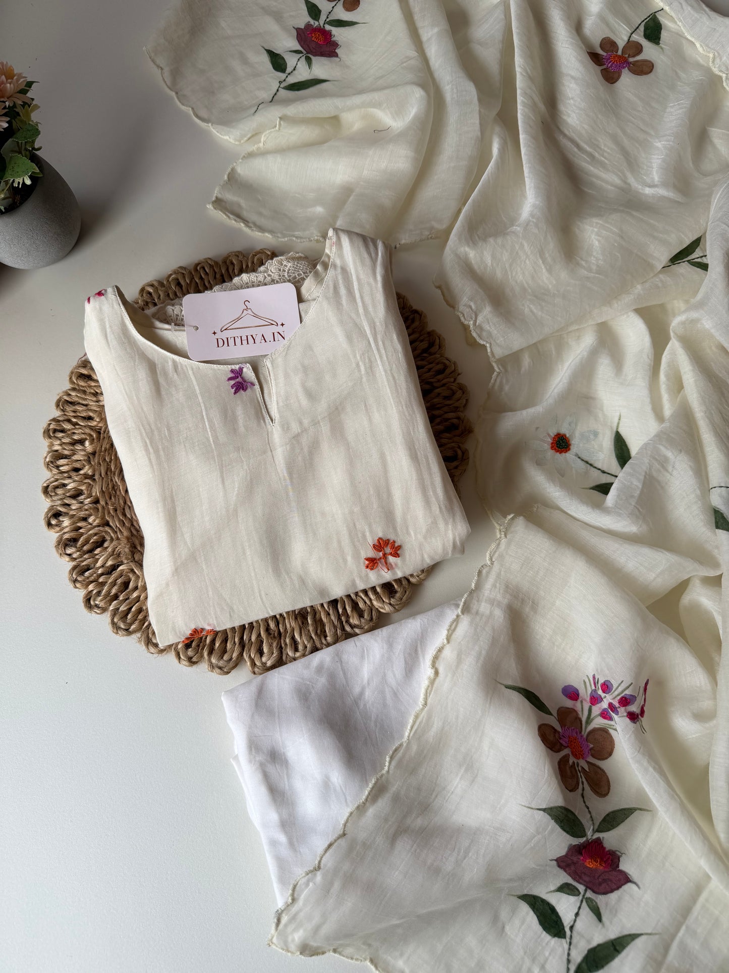 K611 - Mul chanderi embroidered Aline Kurti with pants and dupatta