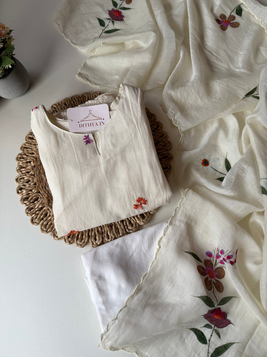 K611 - Mul chanderi embroidered Aline Kurti with pants and dupatta