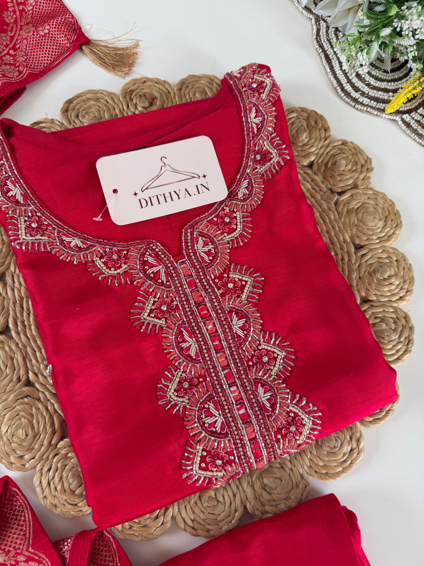 K641 - Dola silk Handwork straight Kurti with pants and dupatta