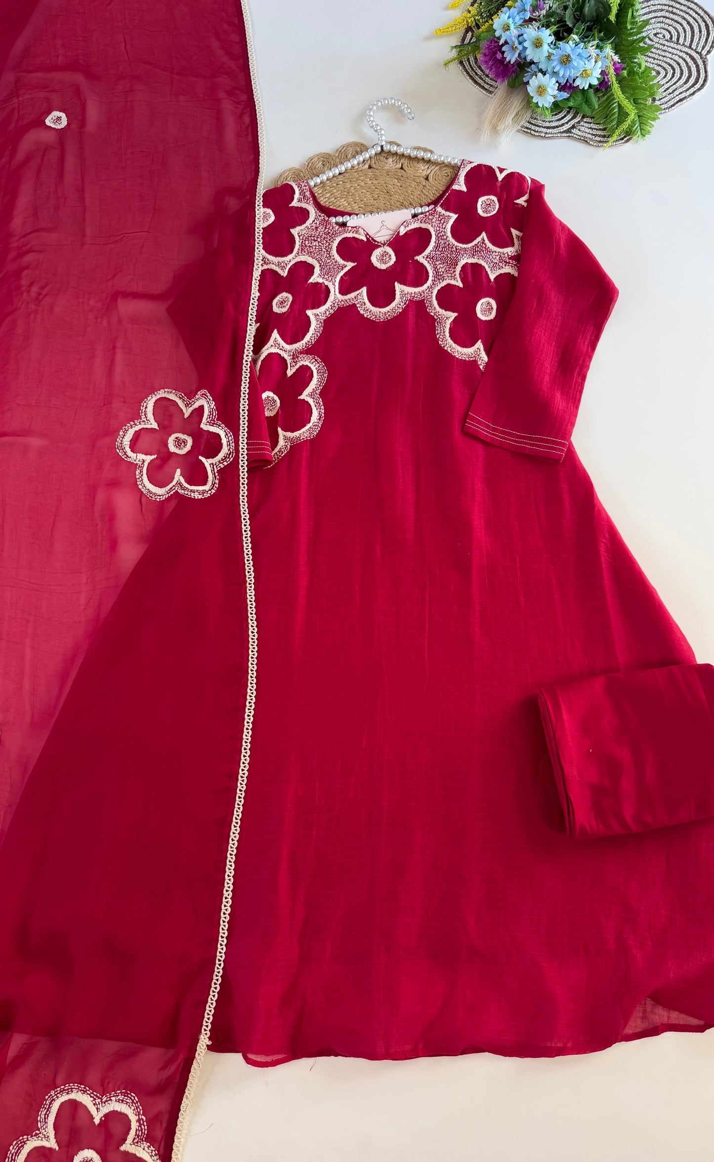 K609 - Mul chanderi embroidered Aline Kurti with pants and dupatta