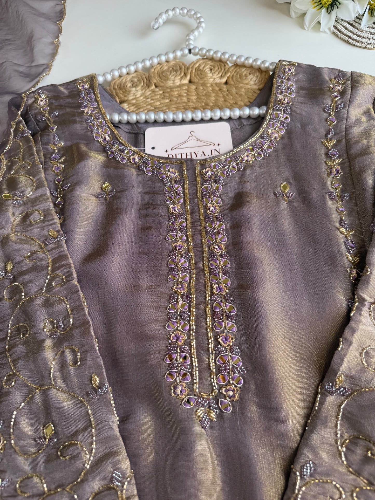 K635 - Tissue silk handwork Anarkali with pants and dupatta