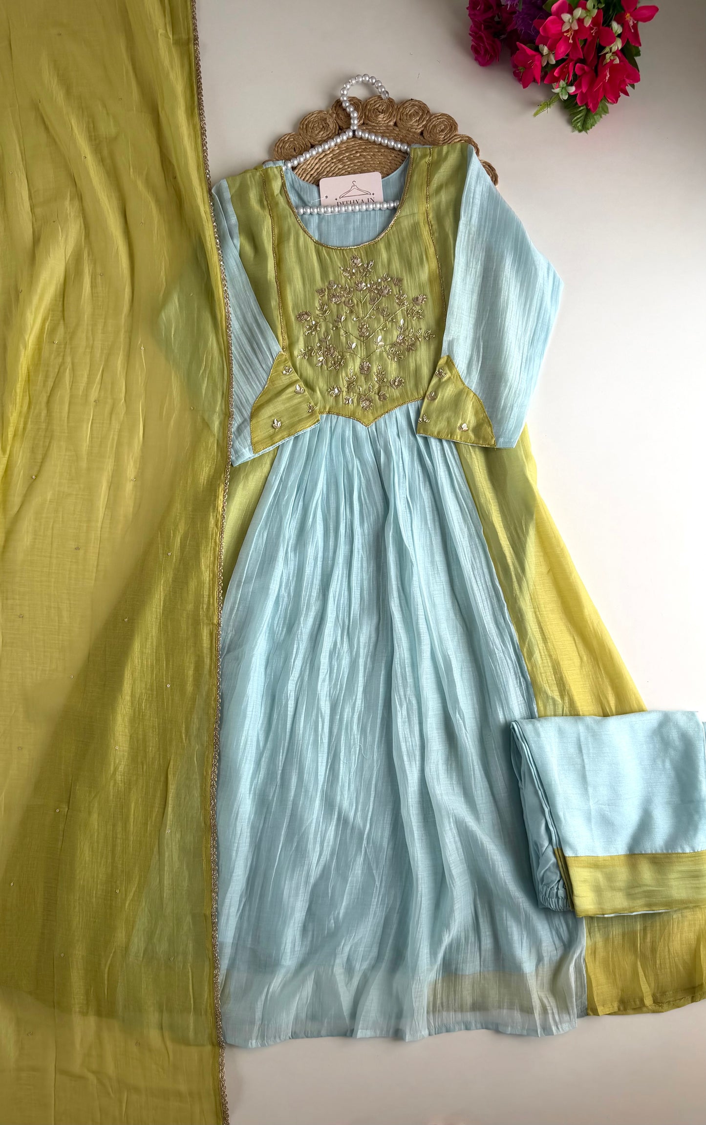 K704 - Mul chanderi handwork Anarkali with pants and dupatta