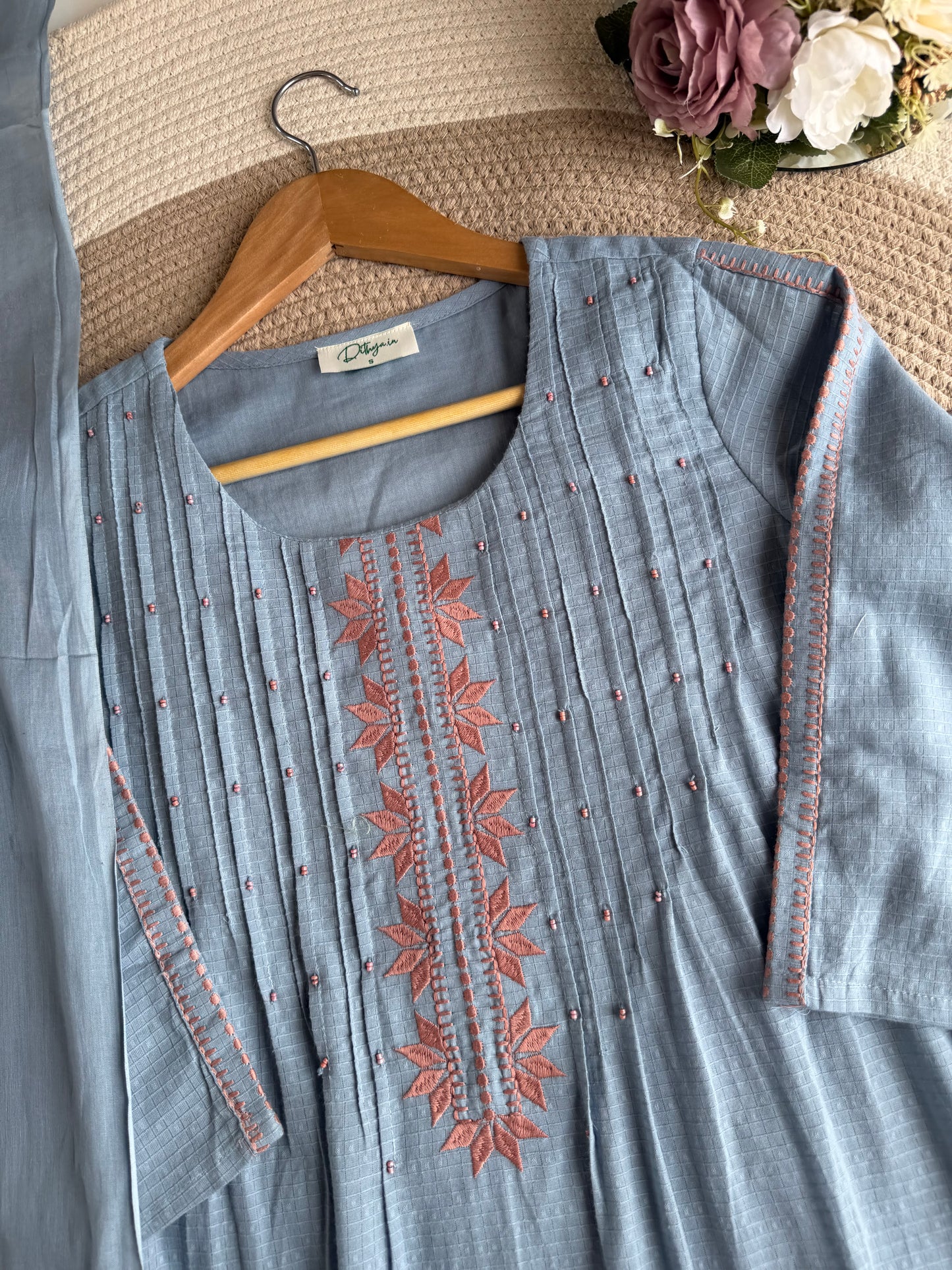K226 - Mul cotton embroidered Aline Kurti with pants and dupatta in 2 colours