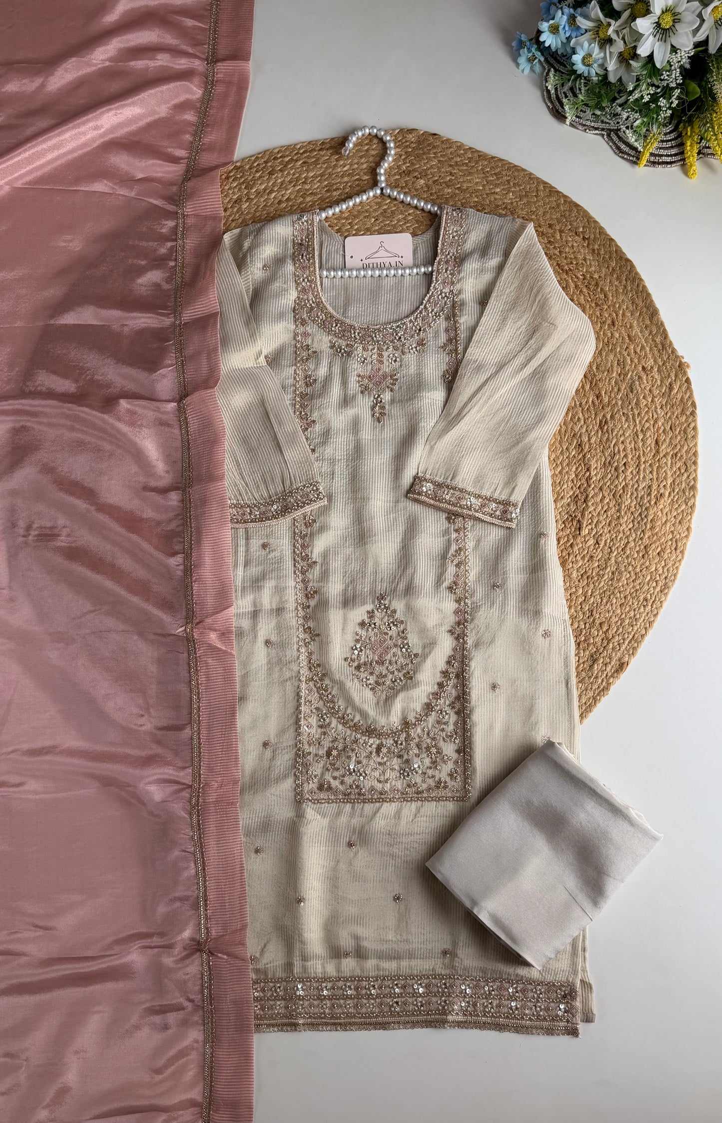 K172 - Tissue silk Handwork straight Kurti with pants and dupatta