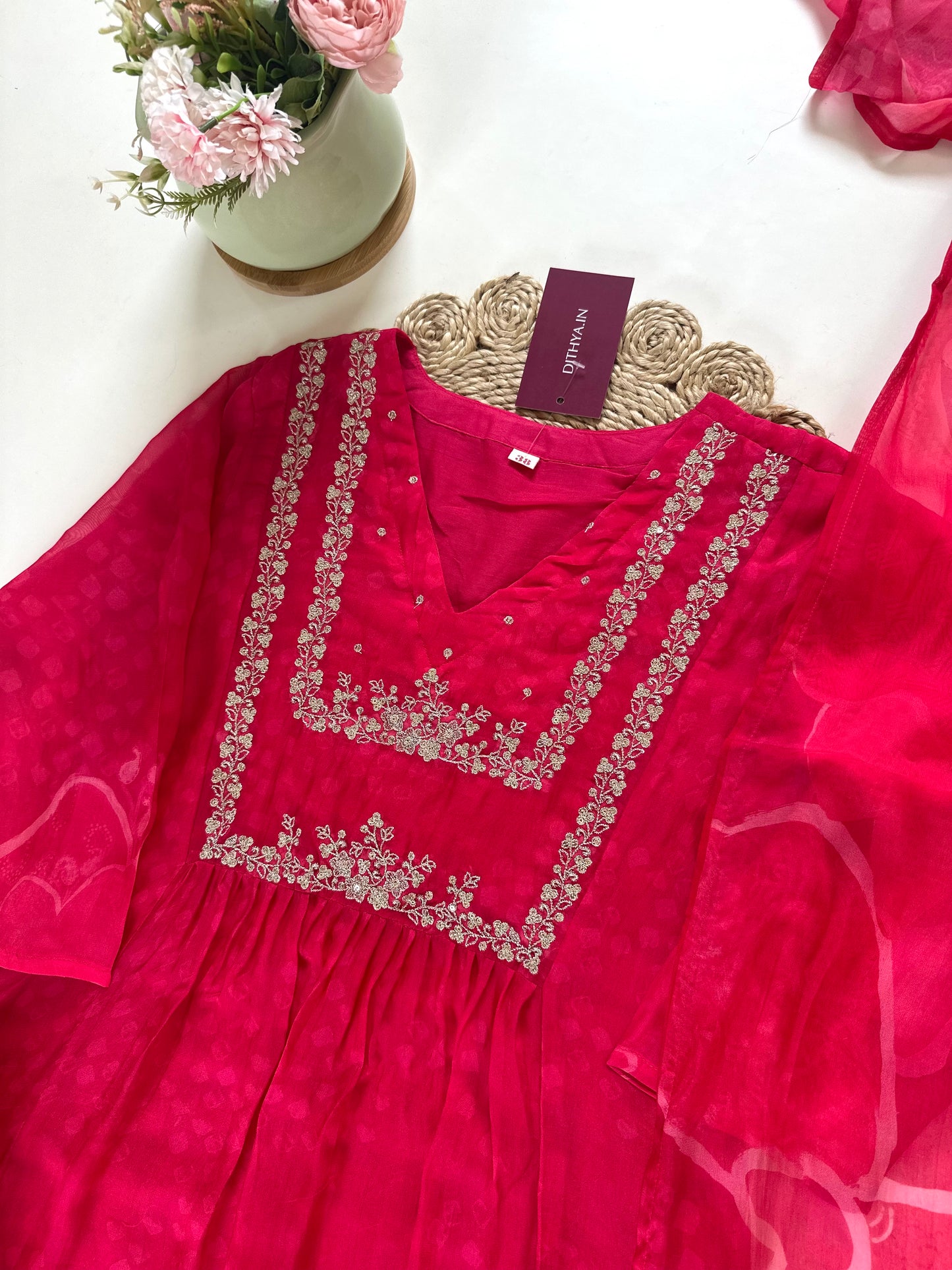 K280 - Viscose organza Zari work Aline Anarkali with pants and printed  dupatta .