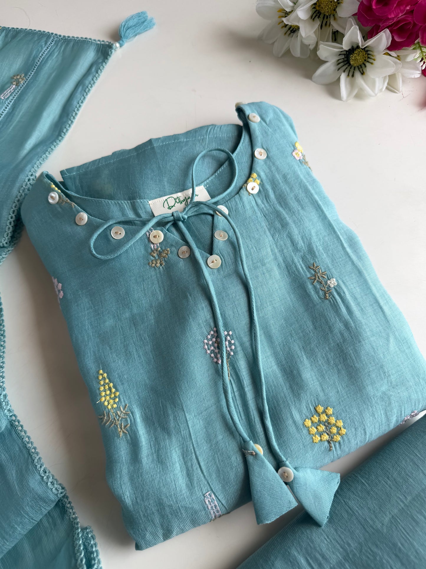 K736 - Surat Mul chanderi paisley embroidered Aline Kurti with pants and dupatta in 2 colours
