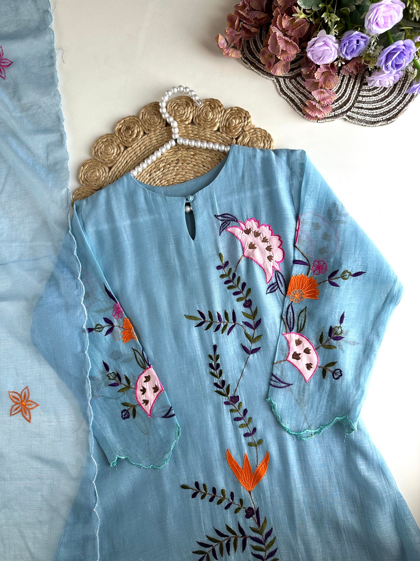 K367 - Mul Chanderi appliqué work Aline Kurti with pants and dupatta
