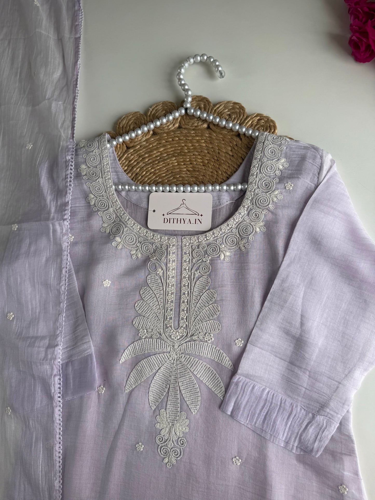 K419 - Mul chanderi embroidered straight Kurti with pants and dupatta