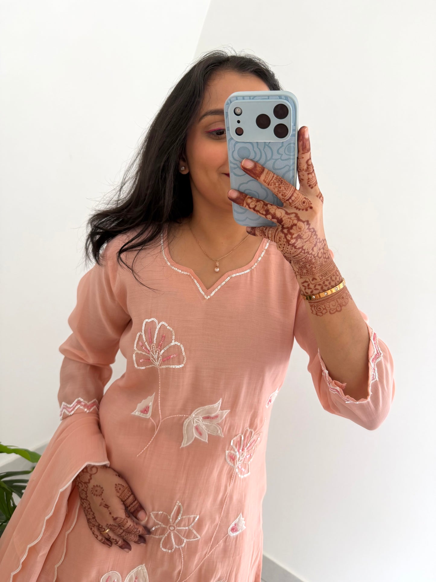 K237 - Mul chanderi appliqué work straight Kurti with pants and dupatta