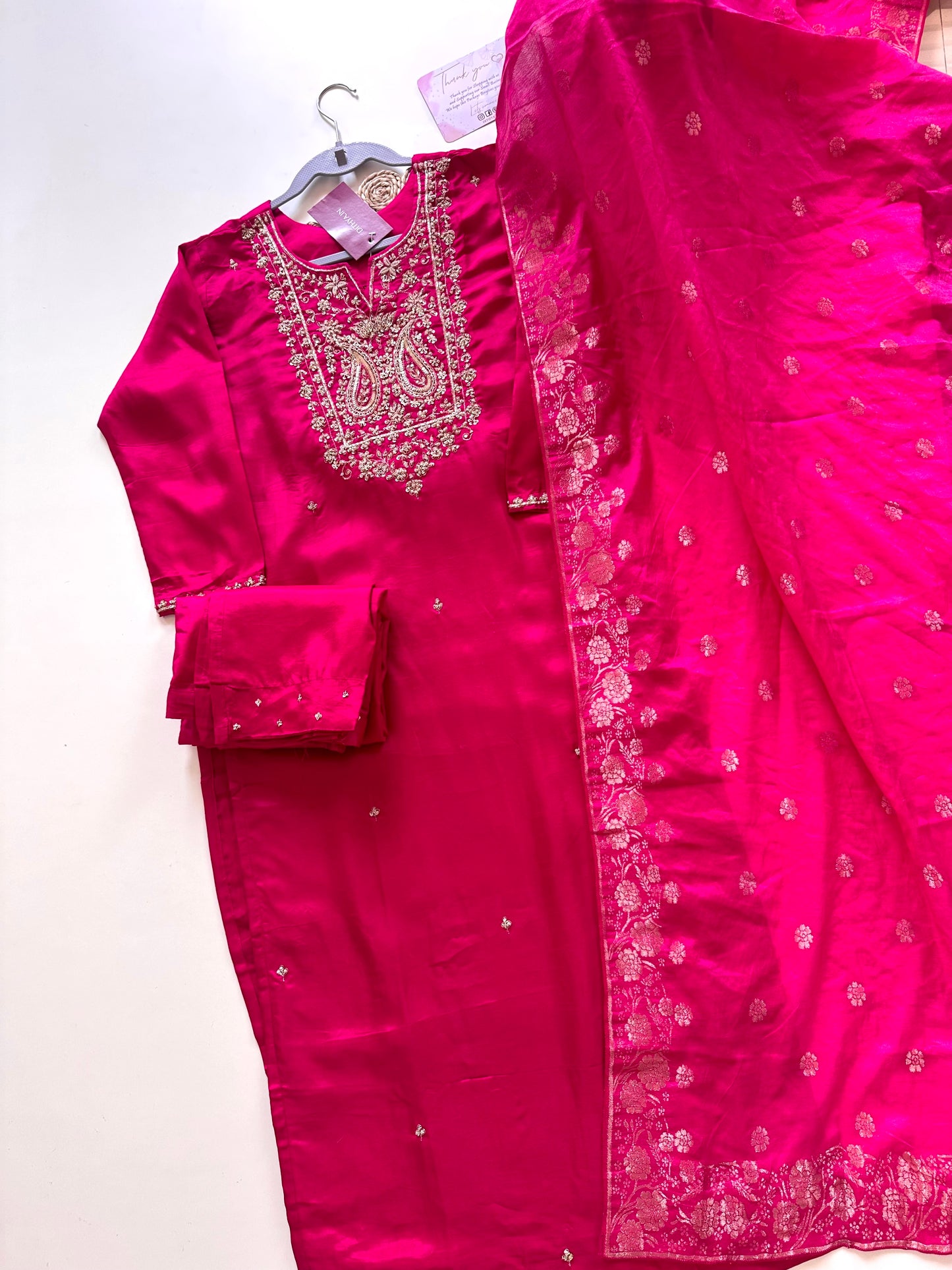 K236 - Russian silk handwork straight kurti with pants and Banarasi silk dupatta.