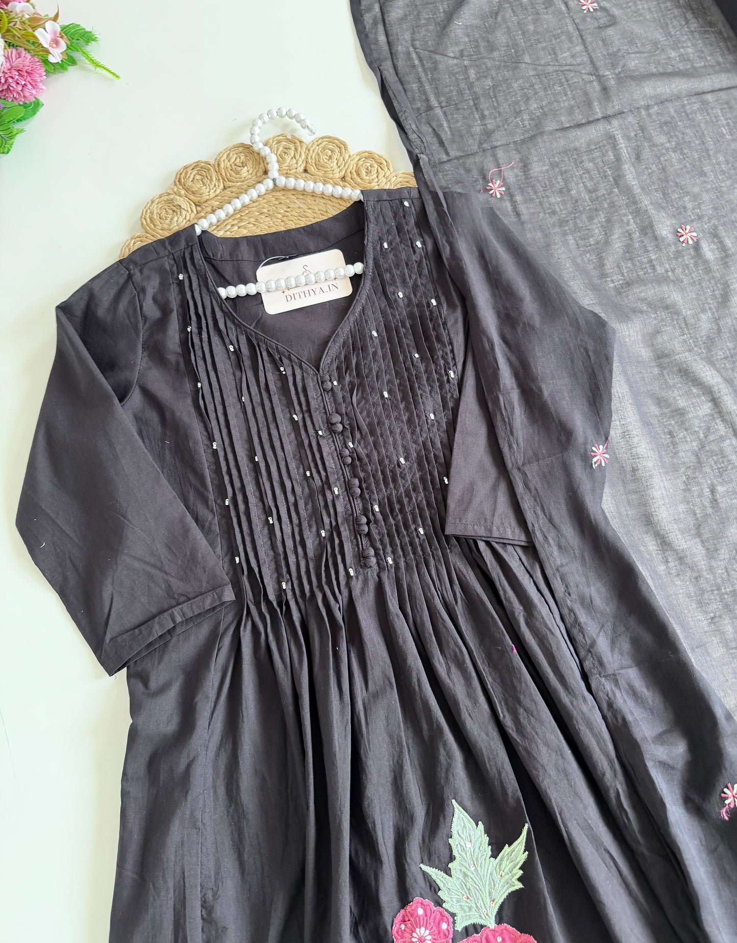 K642 - Mul cotton pleated embroidered Anarkali with pants and dupatta