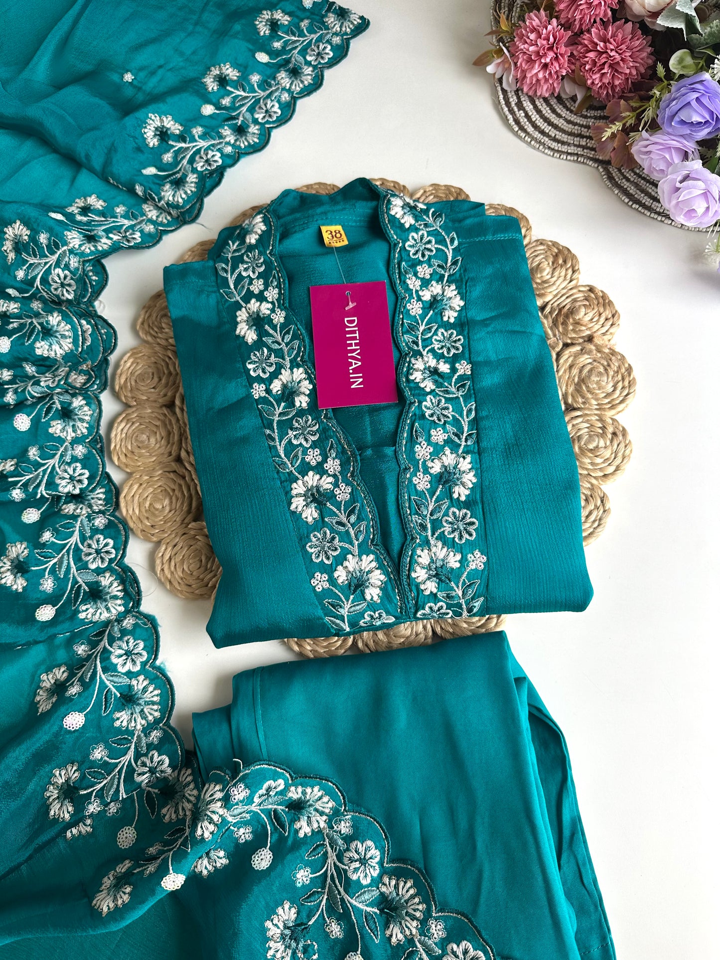 K473 - Chinnon embroidered Aline Kurti with pants and dupatta