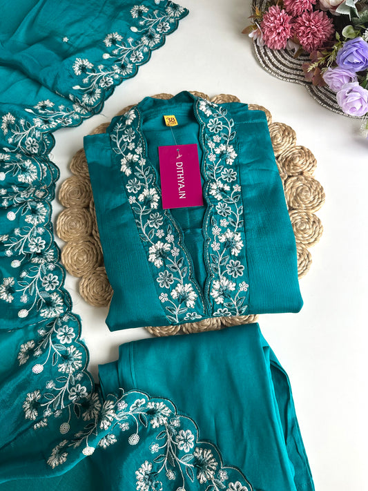 K473 - Chinnon embroidered Aline Kurti with pants and dupatta
