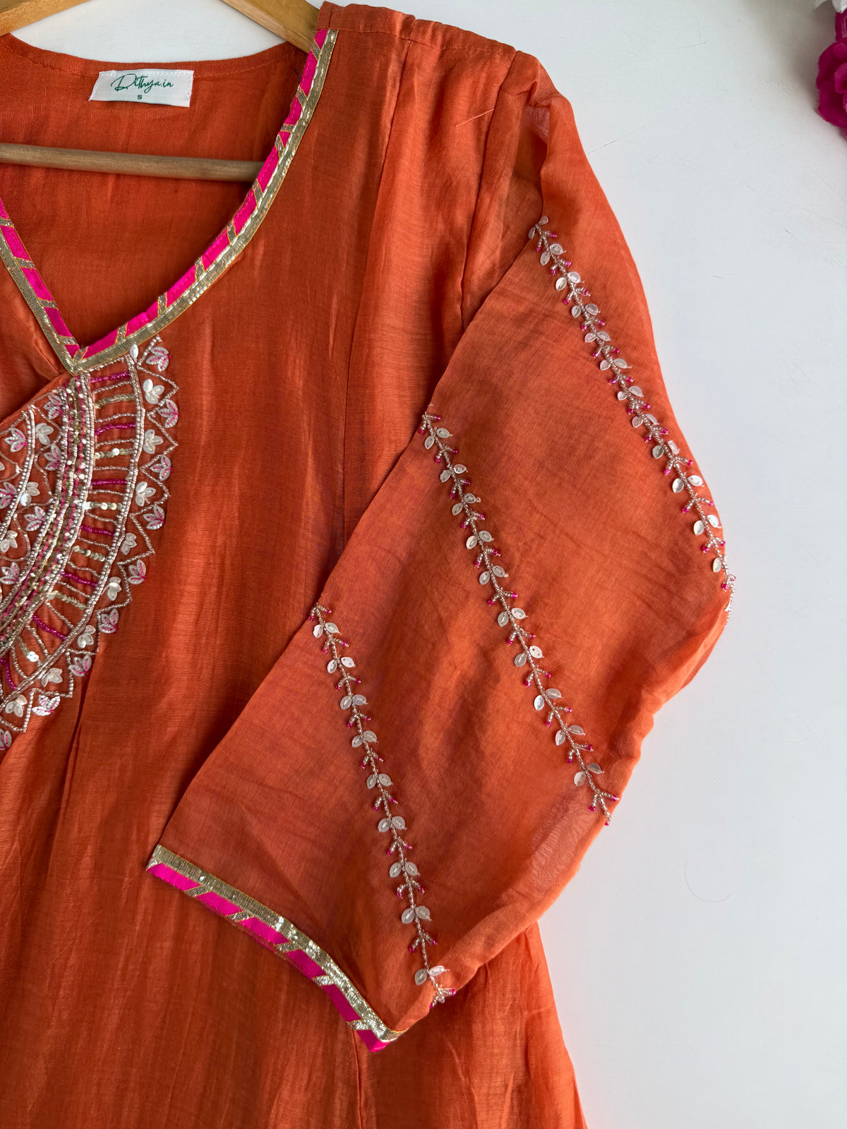 K111 - Banarasi mul chanderi handwork angrakha Anarkali with pants and dupatta