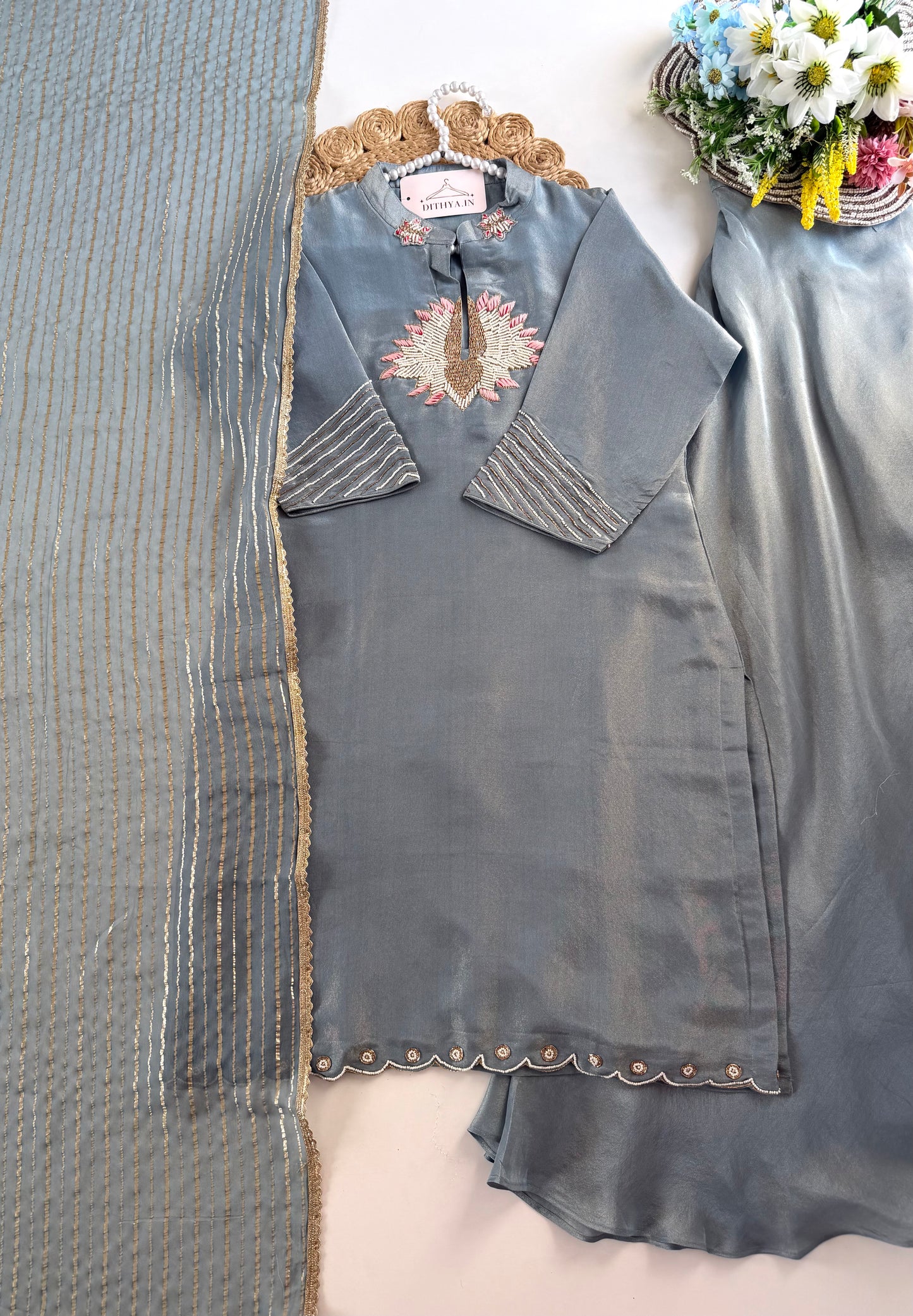 K229 - Tissue silk handwork short Kurti with divider pants and dupatta