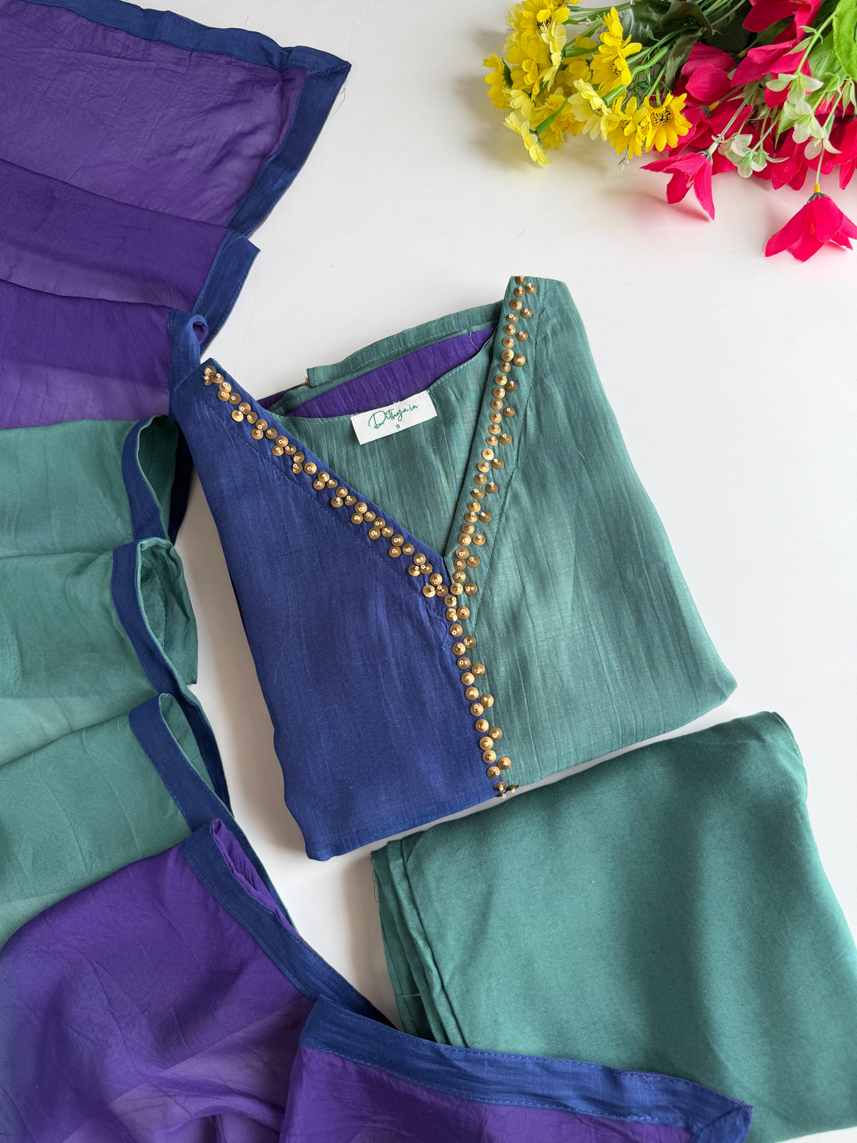 K377 - Mul chanderi button sequins work straight Kurti with pants and dupatta