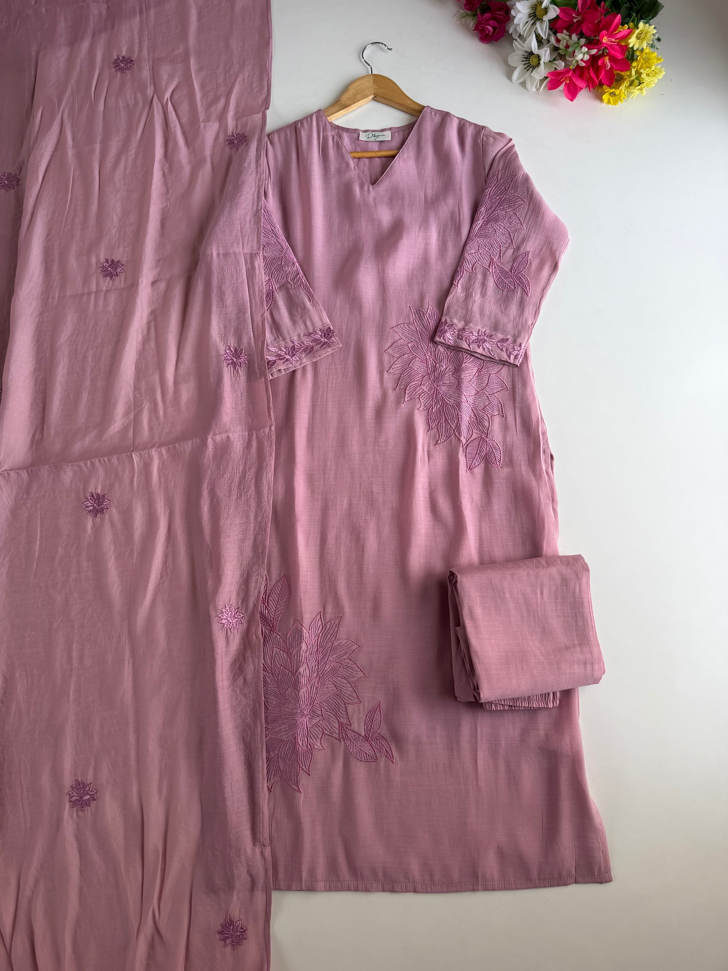 K425 - Muslin cotton embroidered straight Kurti with pants and dupatta