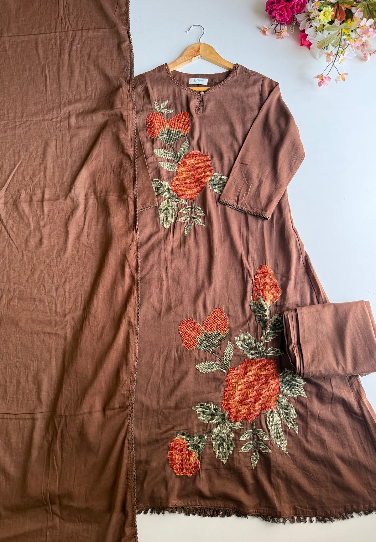 K296 - Mul cotton embroidered Aline Kurti with pants and dupatta