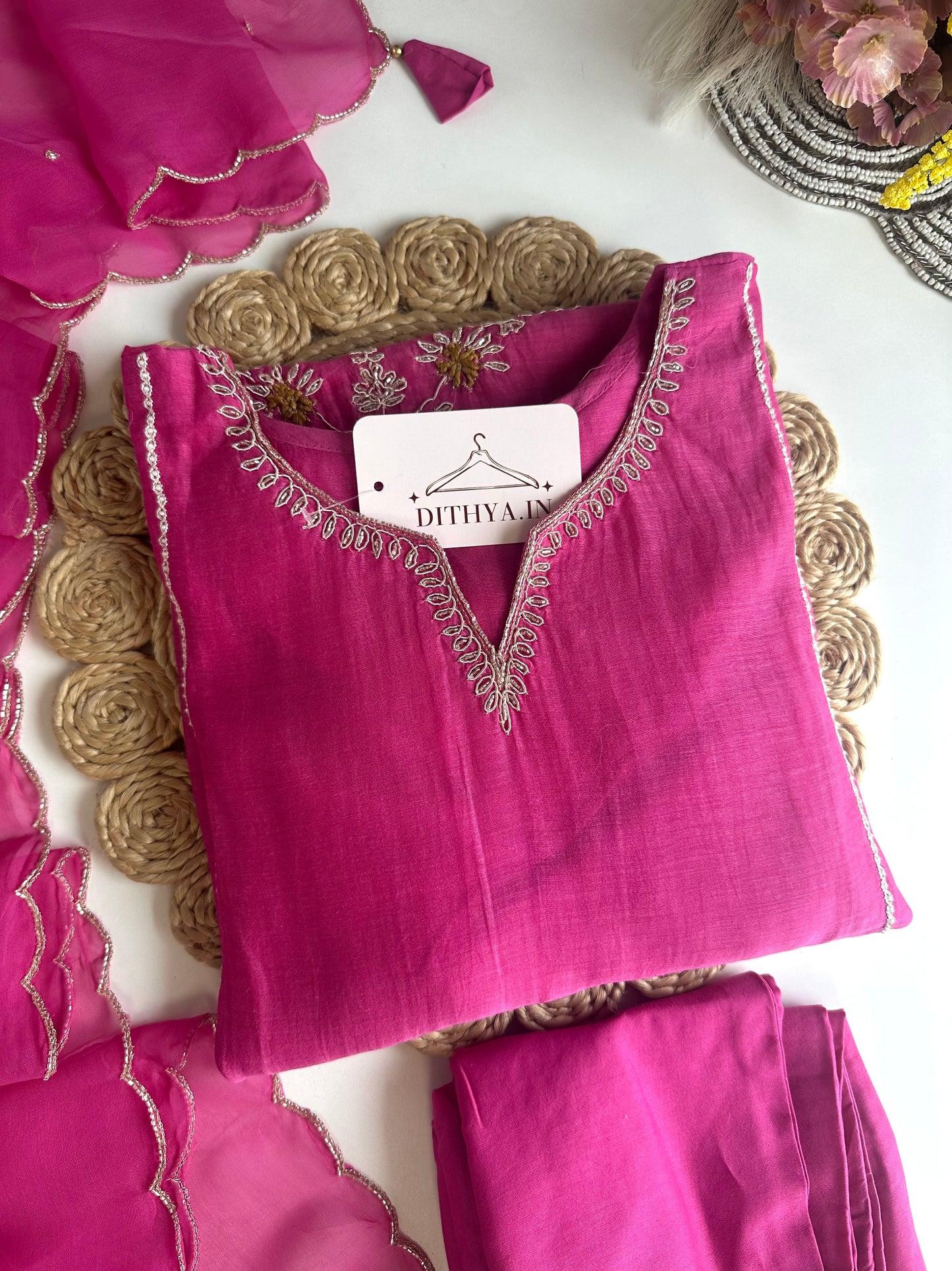 K477 - Mul Chanderi handwork Aline Kurti with pants and dupatta