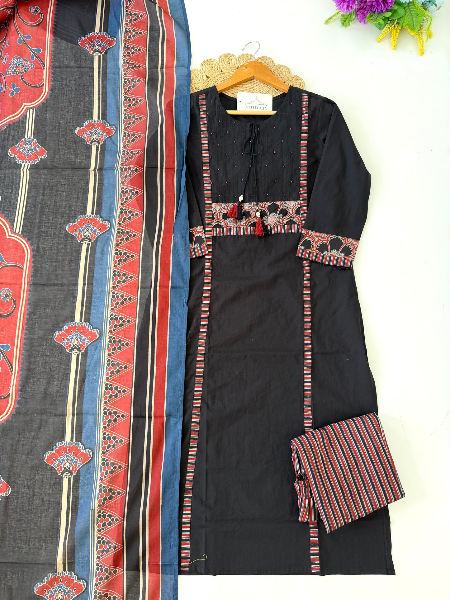 K675 - Mul cotton embroidered straight Kurti with pants and dupatta