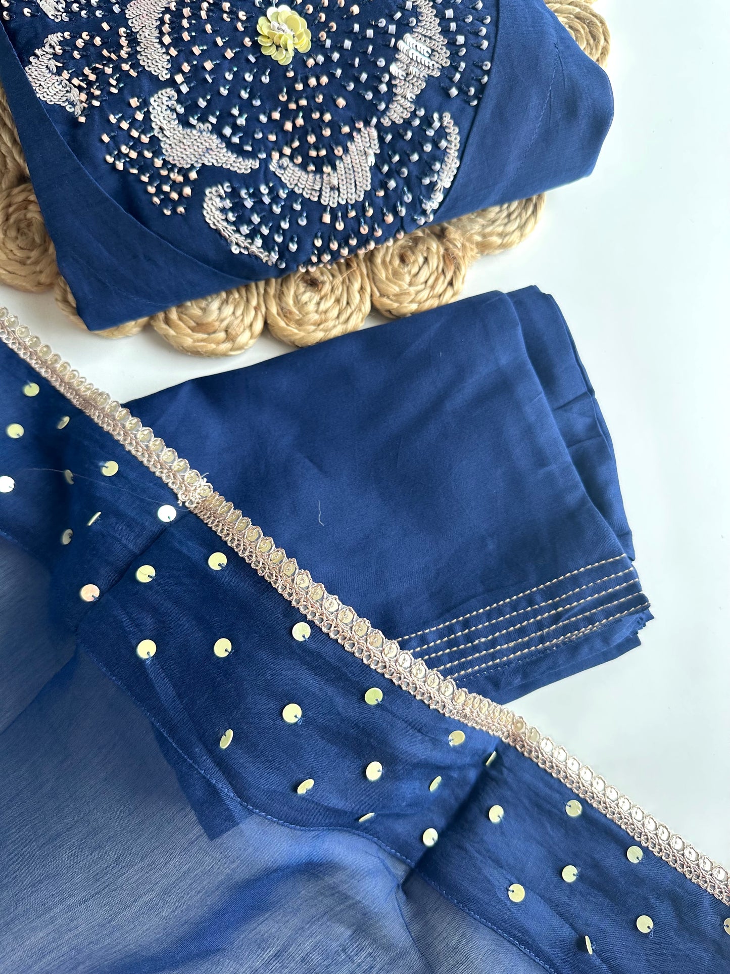 K032 - Pure mul Chanderi handwork Aline Kurti with pants and dupatta in 3 colours