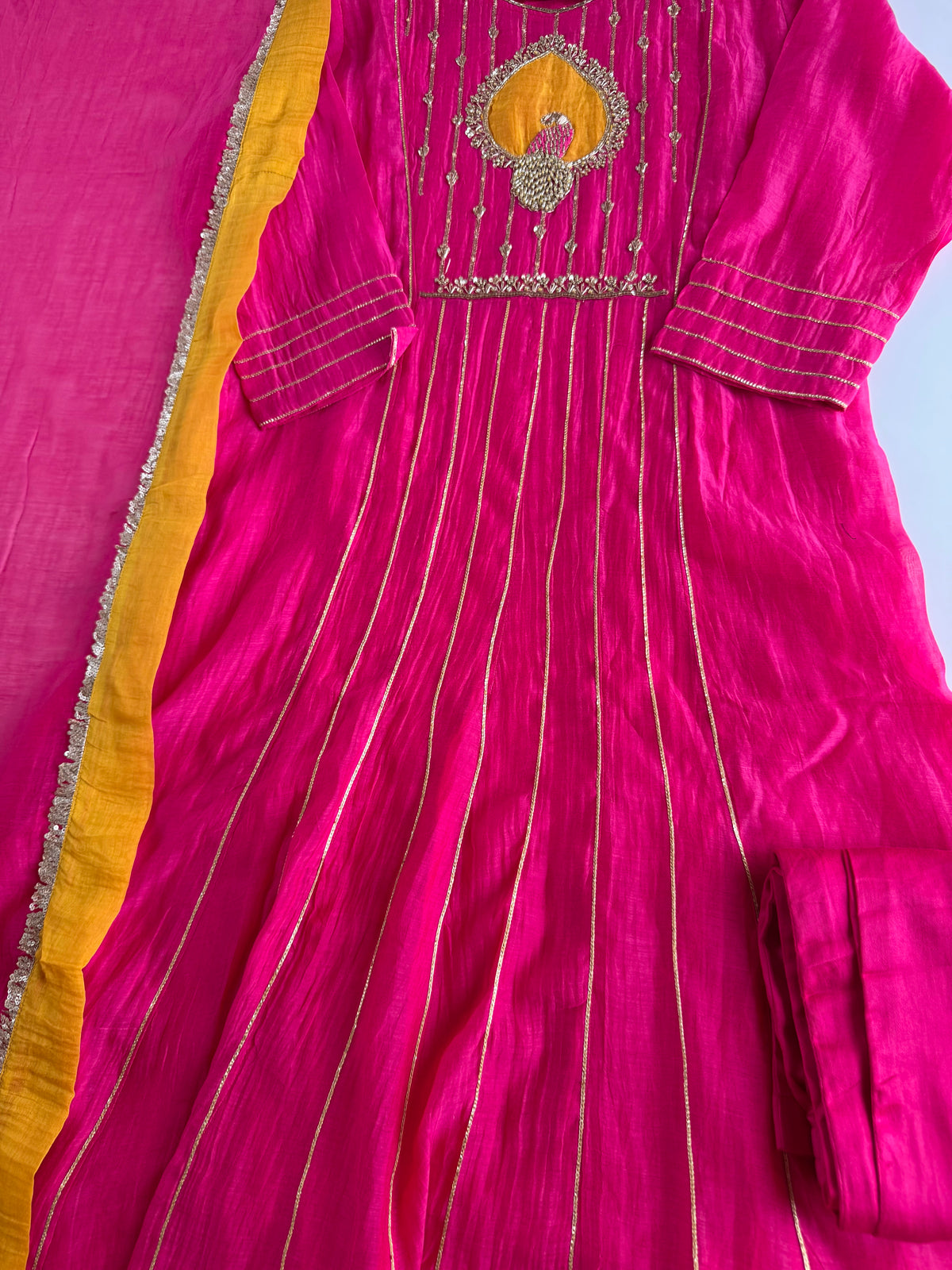 K344 - Mul chanderi handwork Anarkali with pants and dupatta