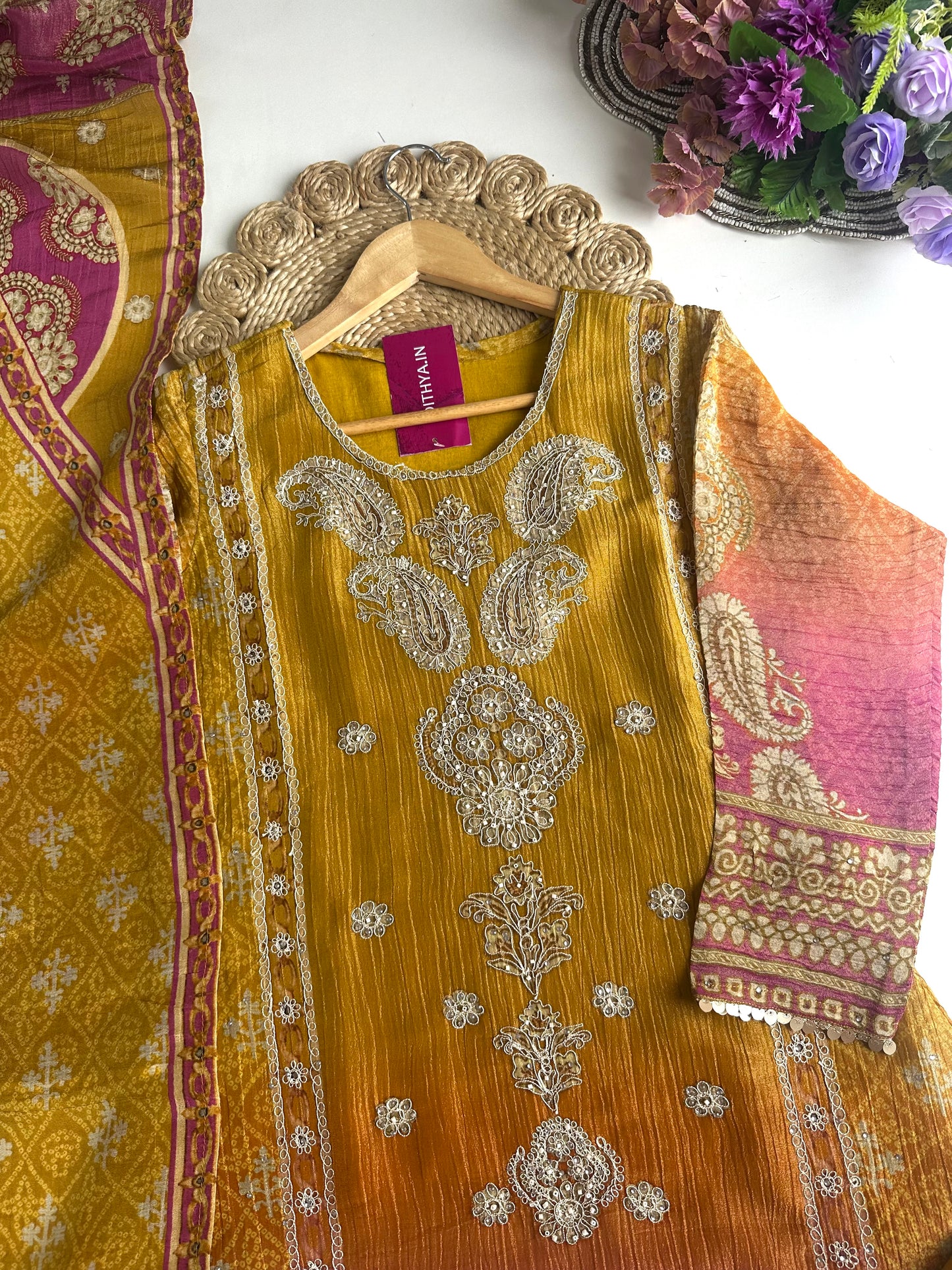 K004 - Crushed tissue handwork Aline Kurti with pants and dupatta