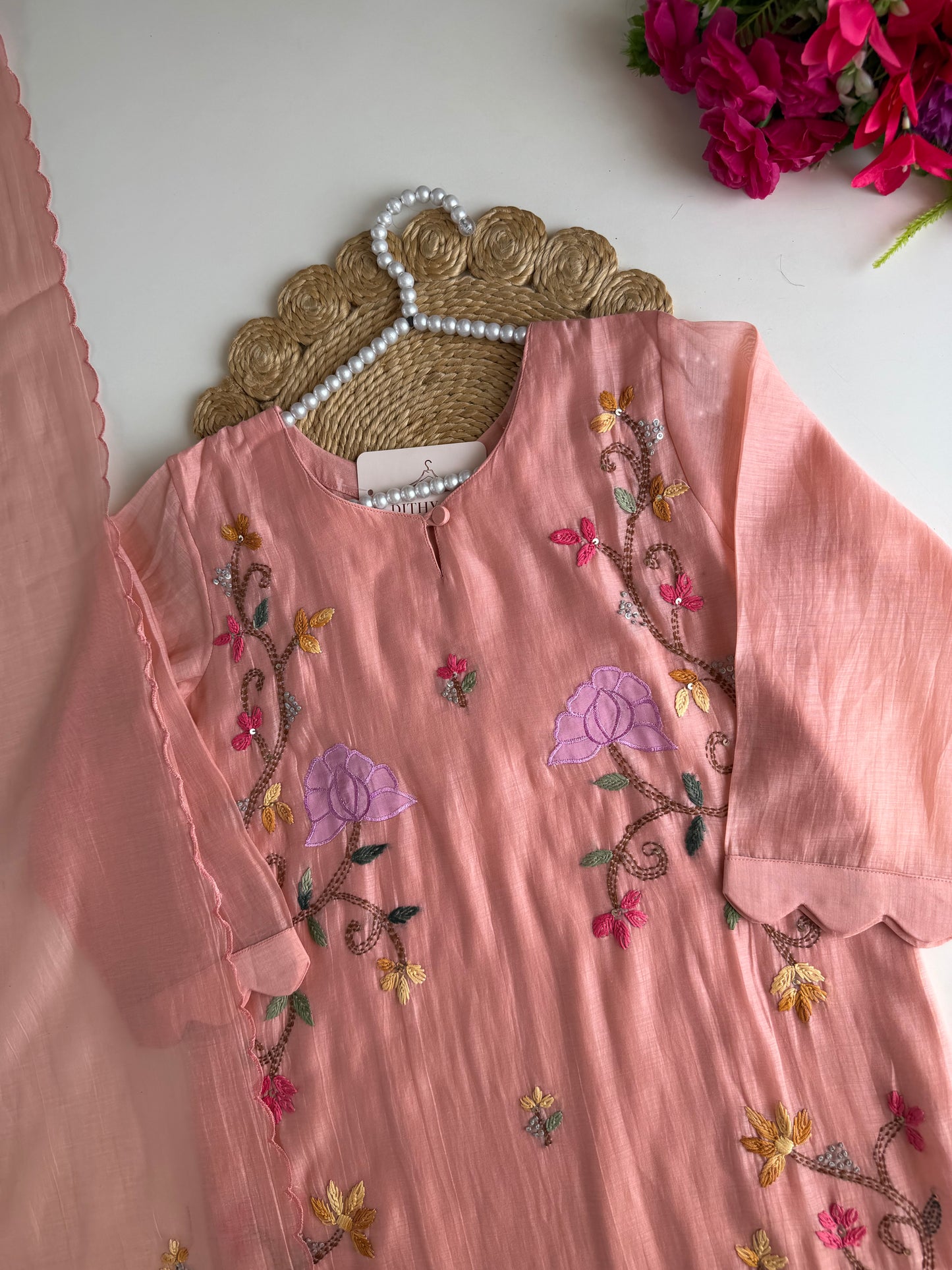 K274 - Mul chanderi appliqué embroidered straight Kurti with pants and dupatta