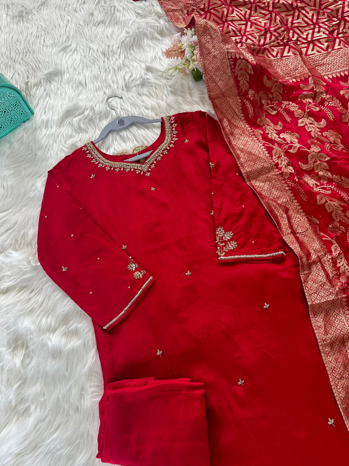 K206 - Russian silk kurti with pants and dupatta - Dithya.in