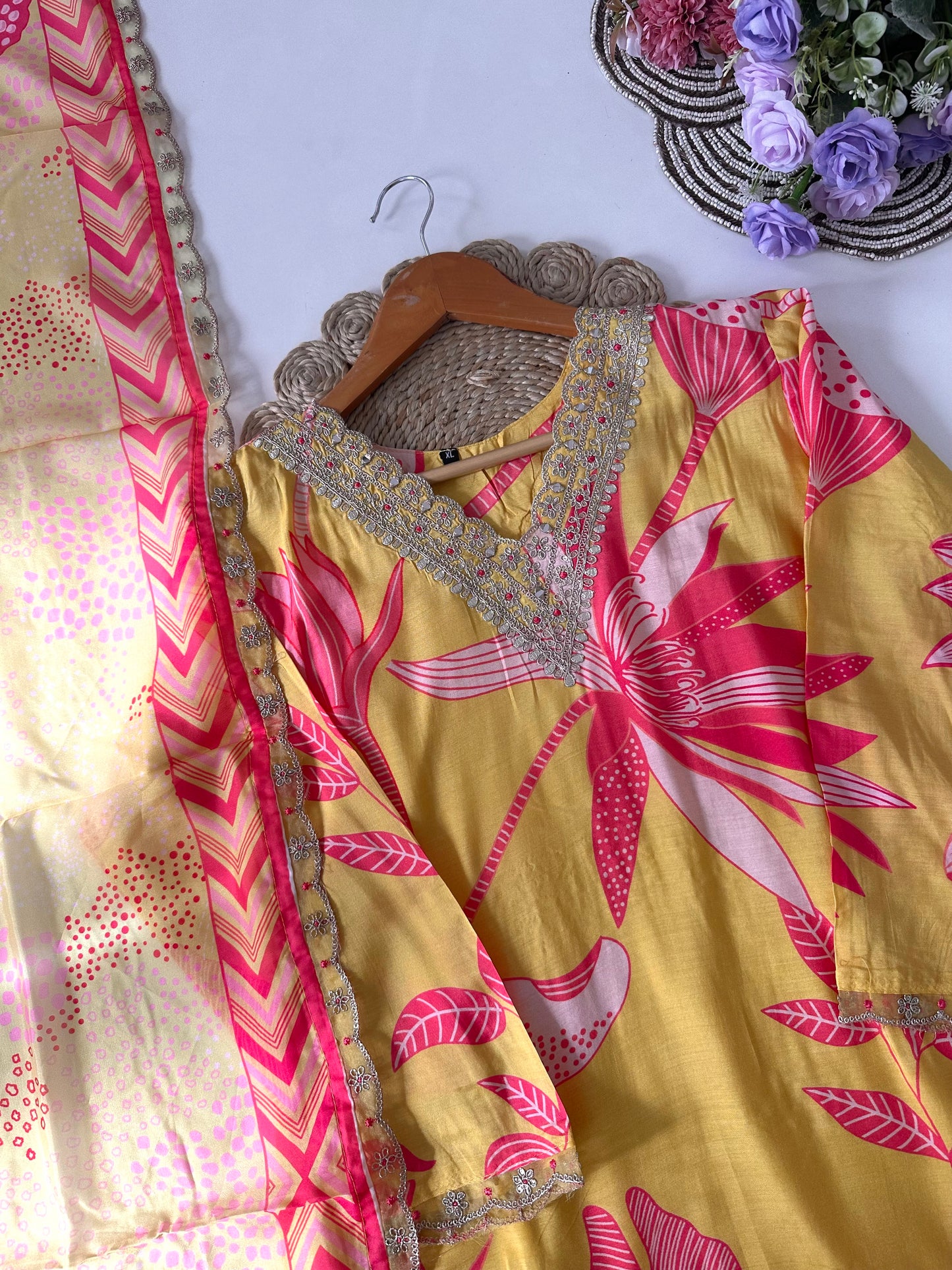 D045 -Muslin silk straight kurti with pants and dupatta