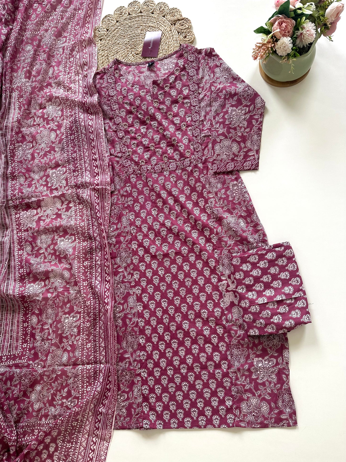 K100 - Cotton printed straight kurti with pants and dupatta in 2 colours .