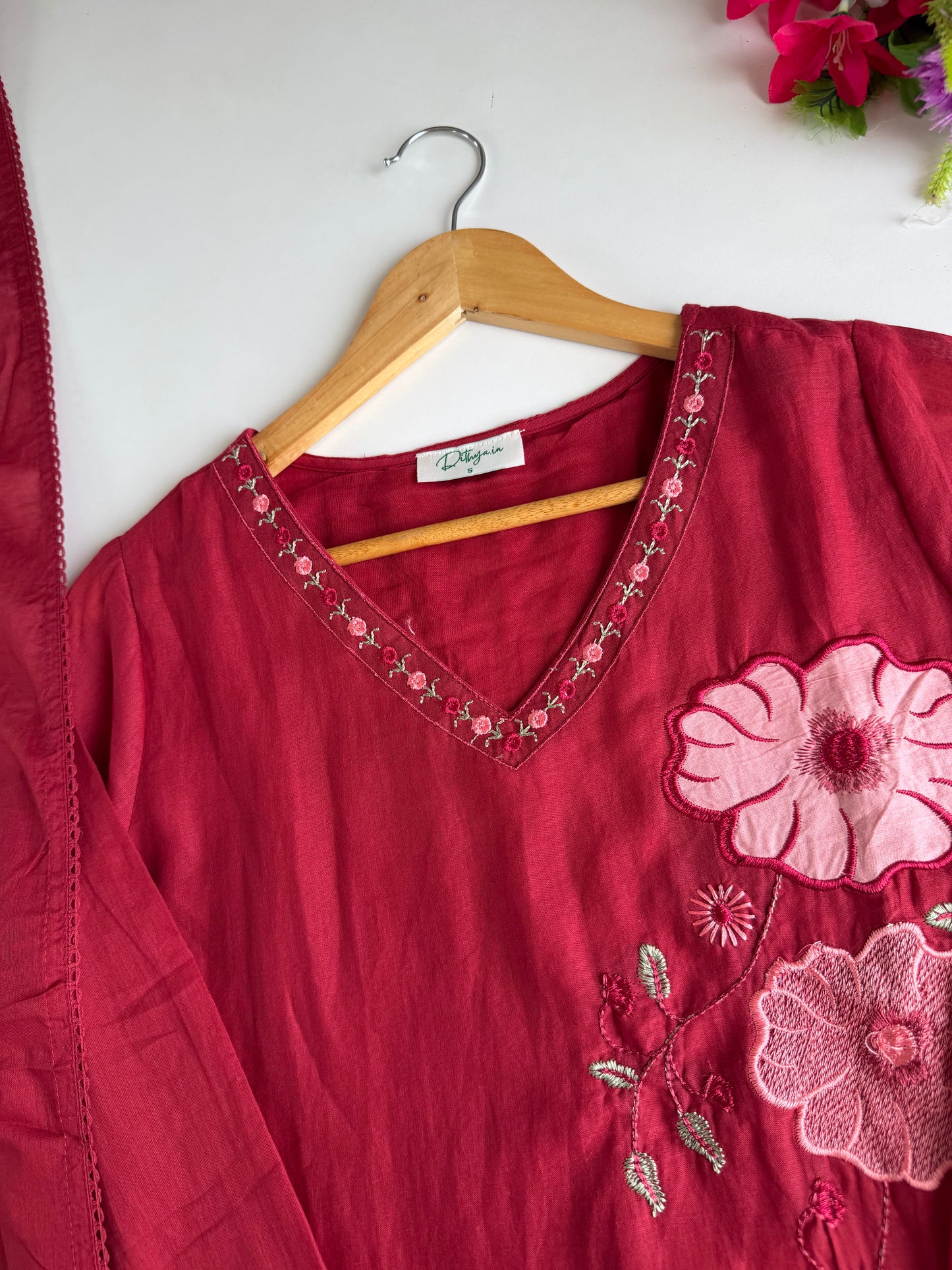 K247 - Mul cotton appliqué embroidered Aline Kurti with pants and dupatta