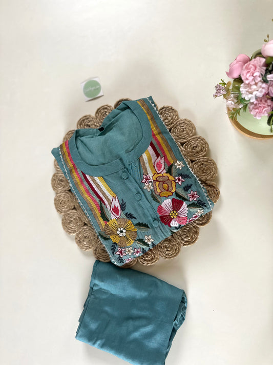 K066 - Mul Chanderi embroidered Aline Kurti with pants in 2 colours.