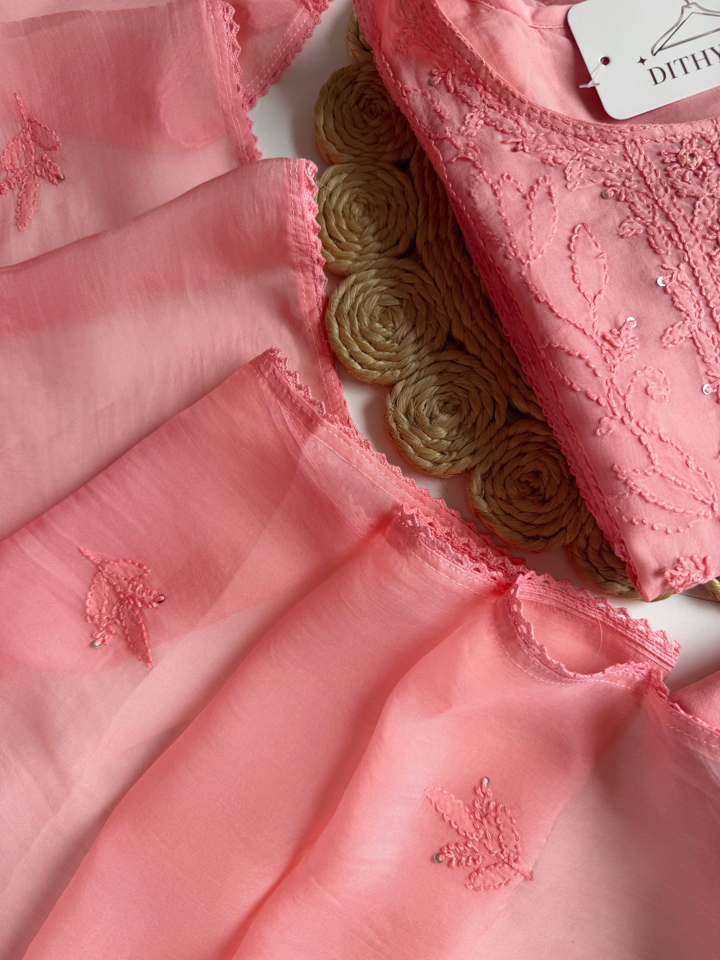 K180 - Viscose organza chikankari straight Kurti with pants and dupatta