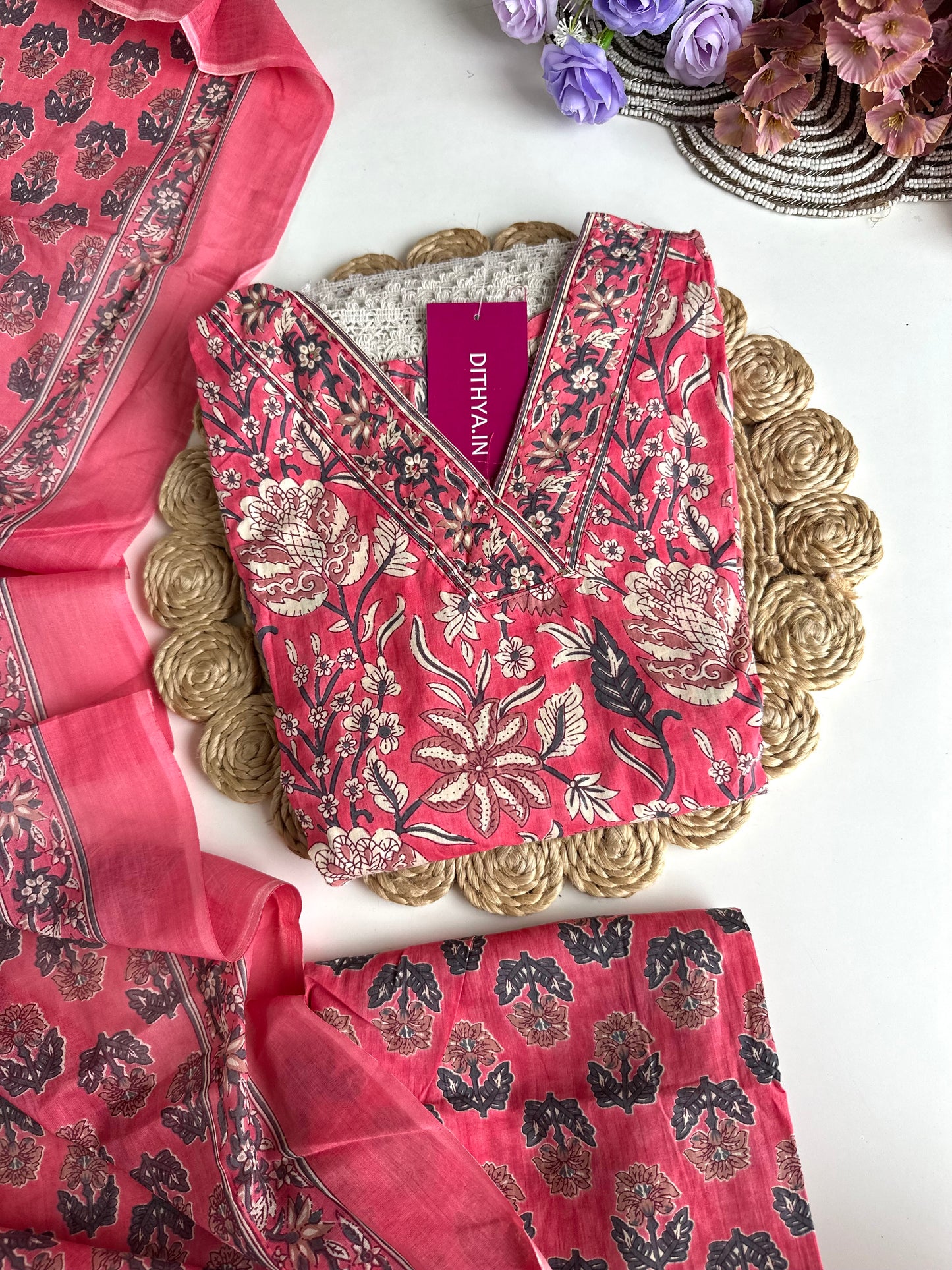 K103 - Cotton floral Anarkali with pants and dupatta