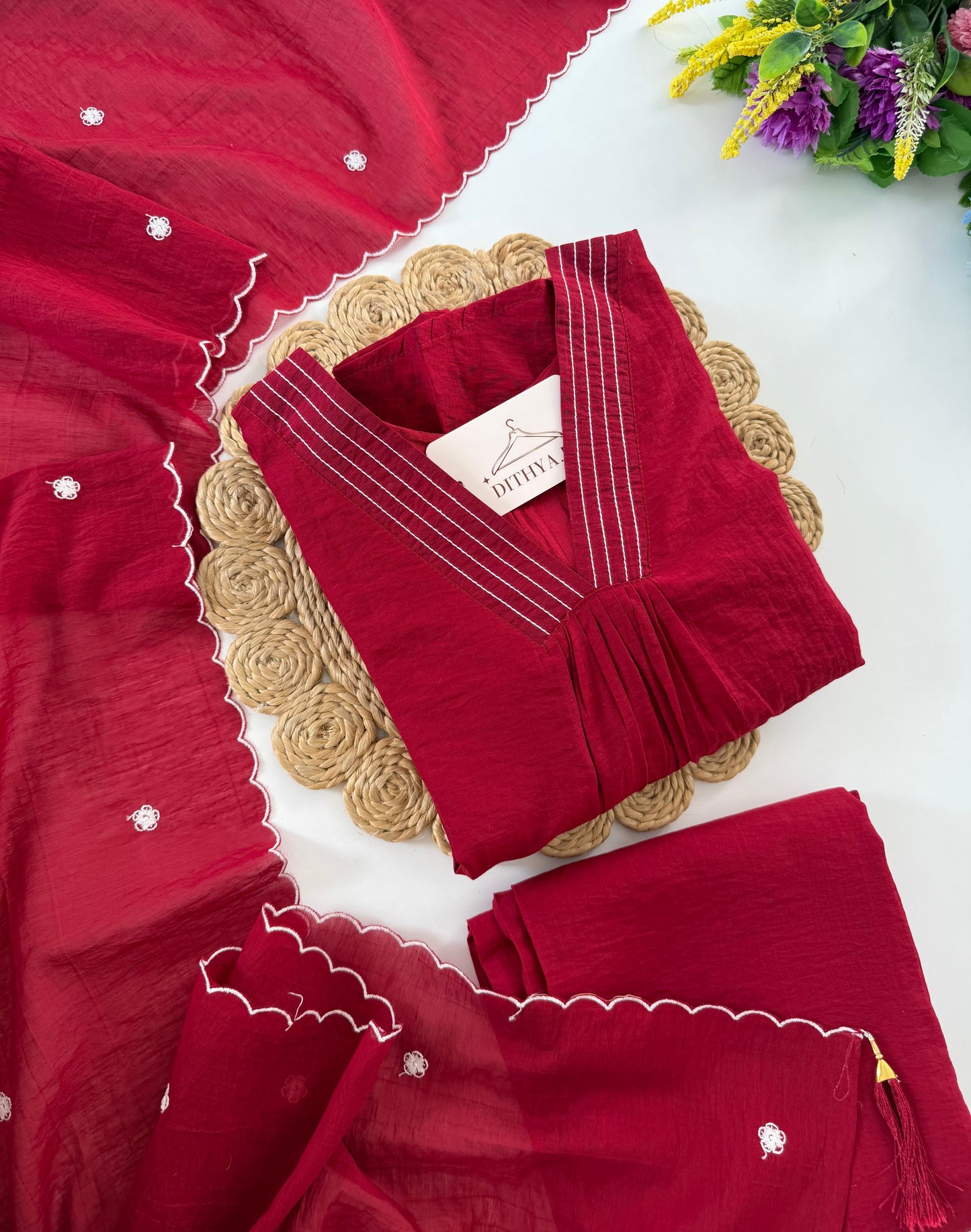 K532 - Muslin silk embroidered Aline Kurti with pants and dupatta in 2 colours