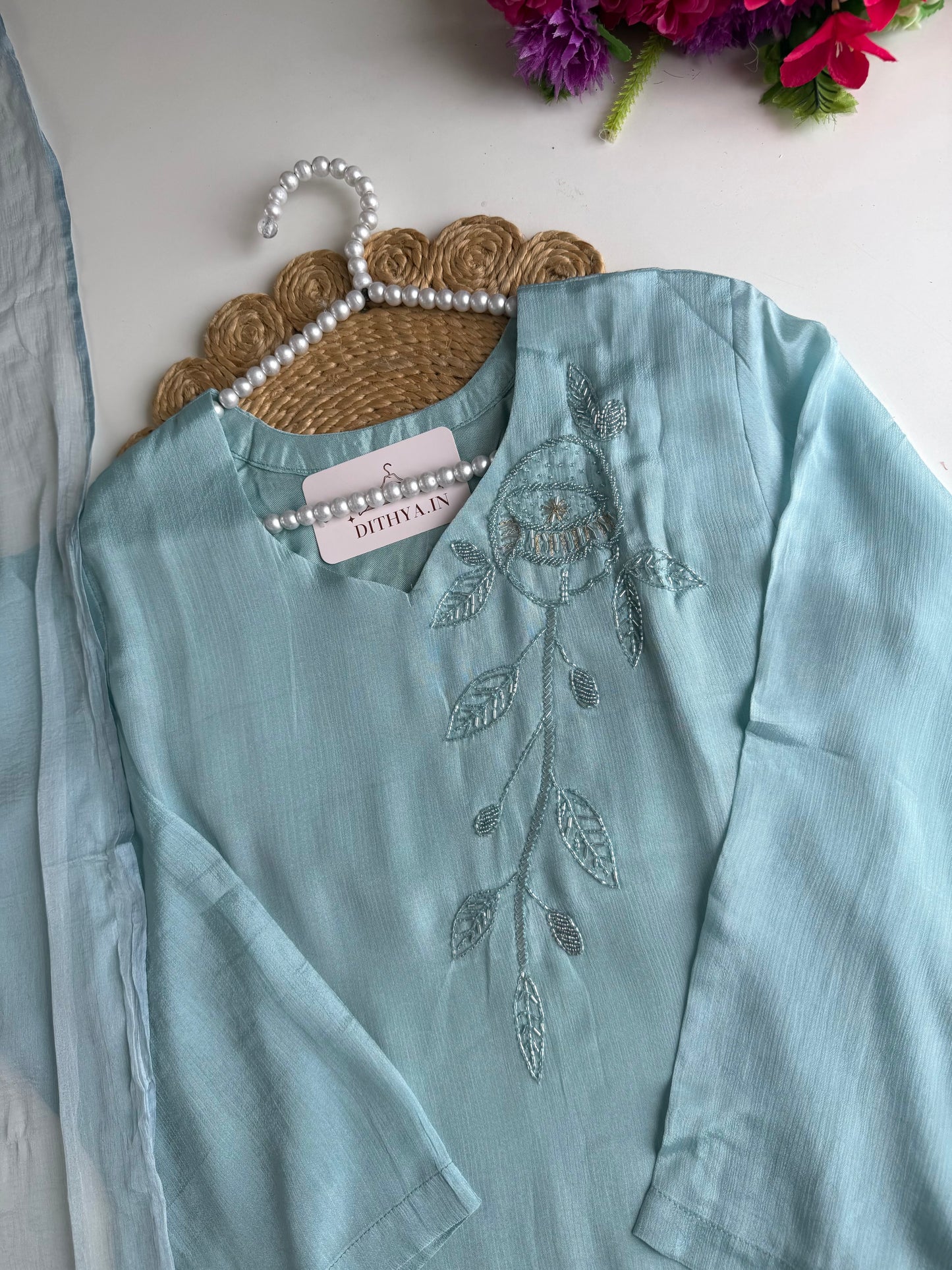 K457 - Pure Chinnon handwork straight Kurti with pants and dupatta